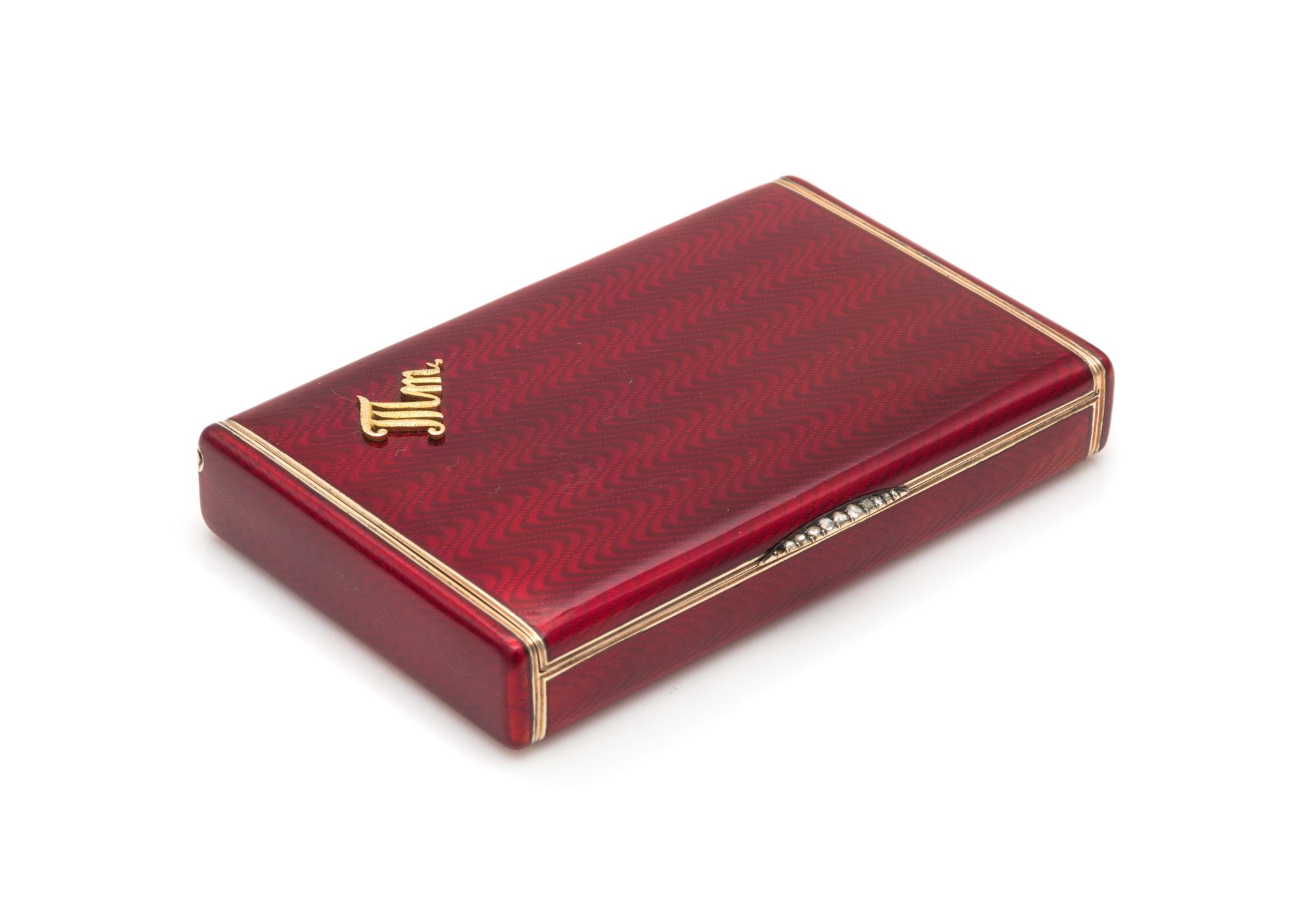 A Russian Silver, Guilloche Enameled and Diamond Inset Cigarette Case, Mark of Ivan Britzin, St. Petersburg, Late 19th/Early 20th Centu