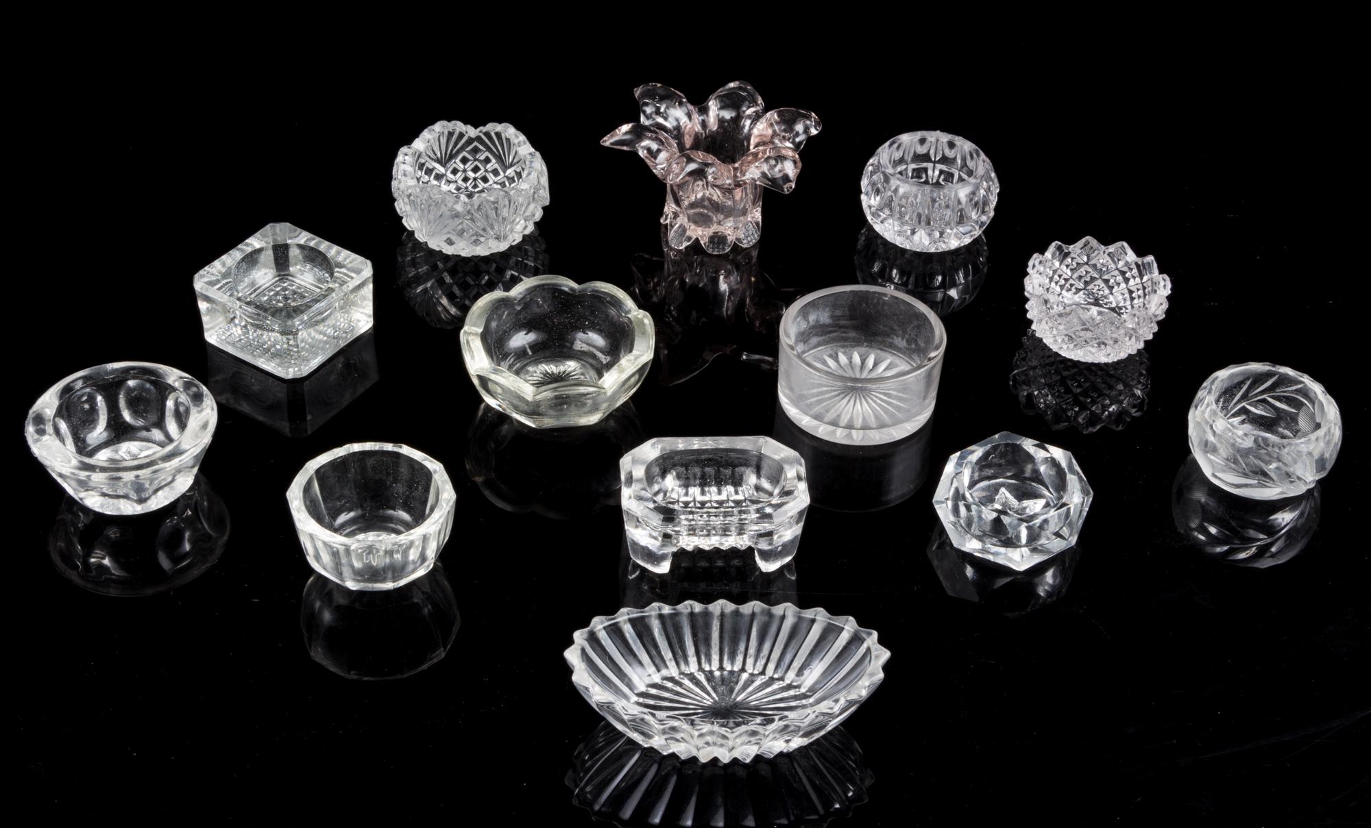 A Group of Thirteen Glass Salts Height of tallest 1 1/2 inches.