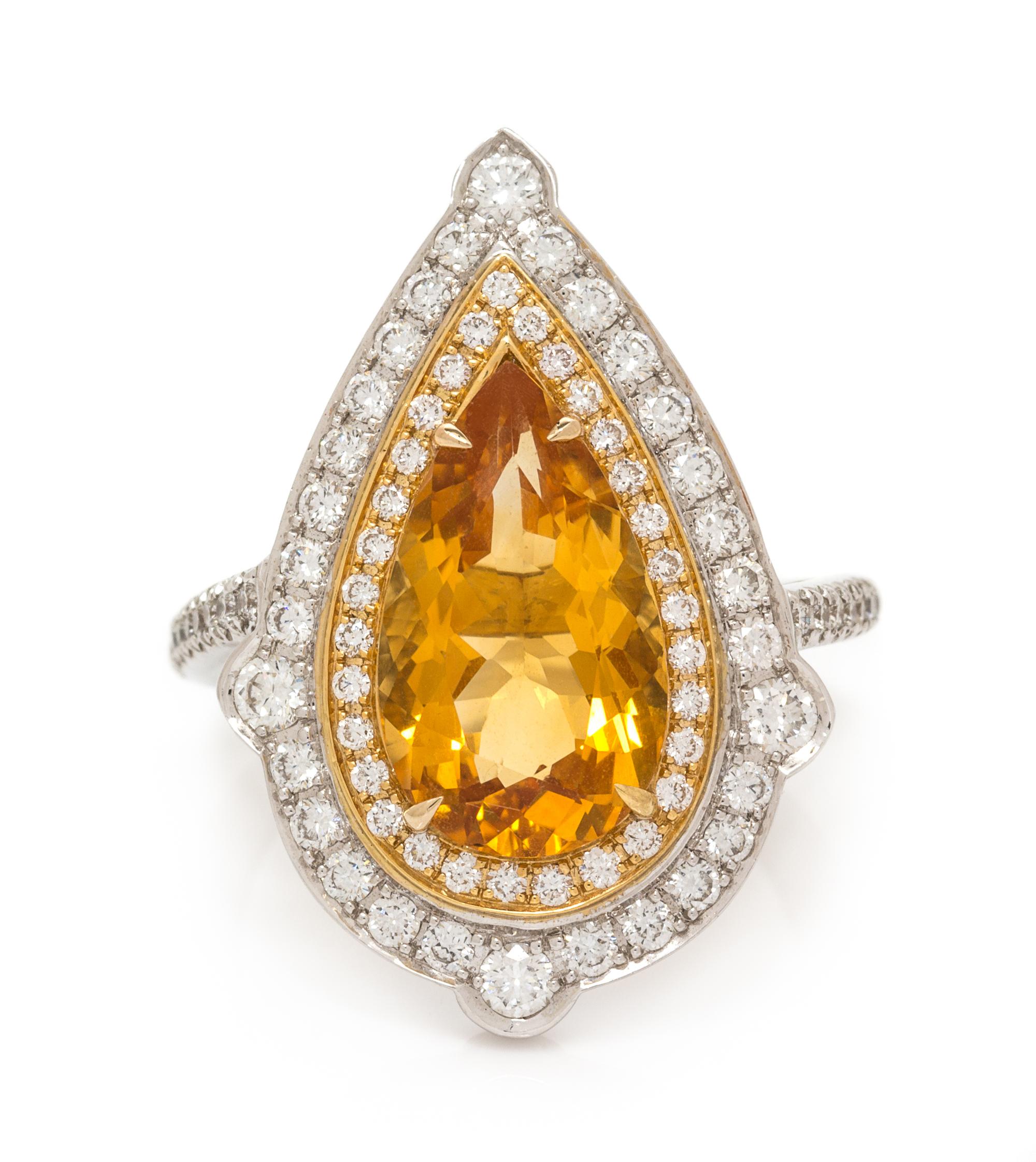 An 18 Karat Bicolor Gold, Citrine and Diamond Ring, 5.00 dwts.
