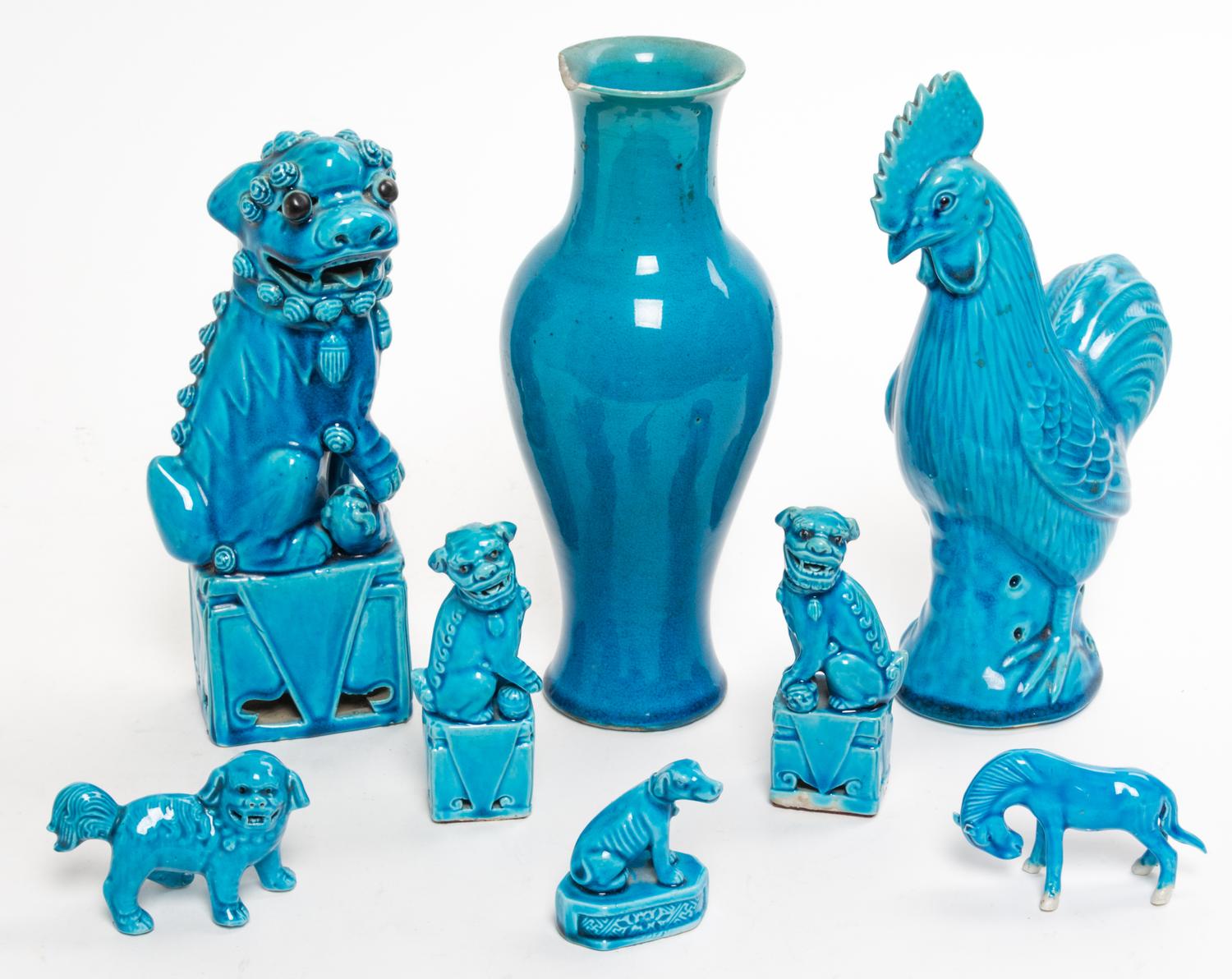 A Group of Eight Turquoise Glazed Porcelain Articles Height 10 1/2 inches.