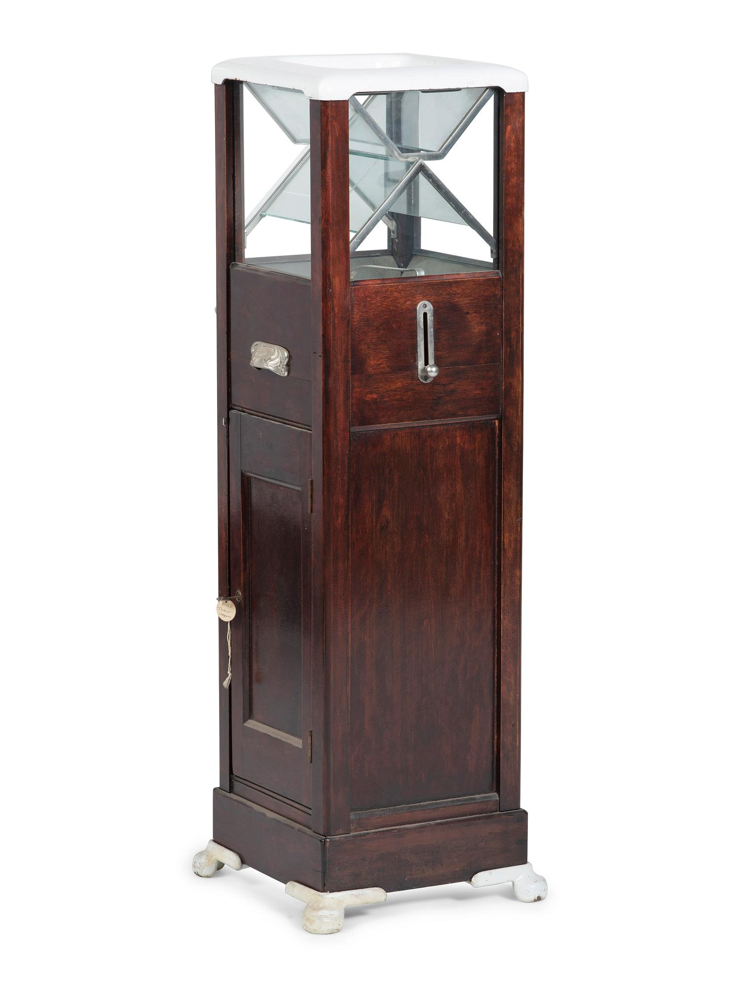An Enameled Metal Mounted Walnut Floor Model Ticket Shredder