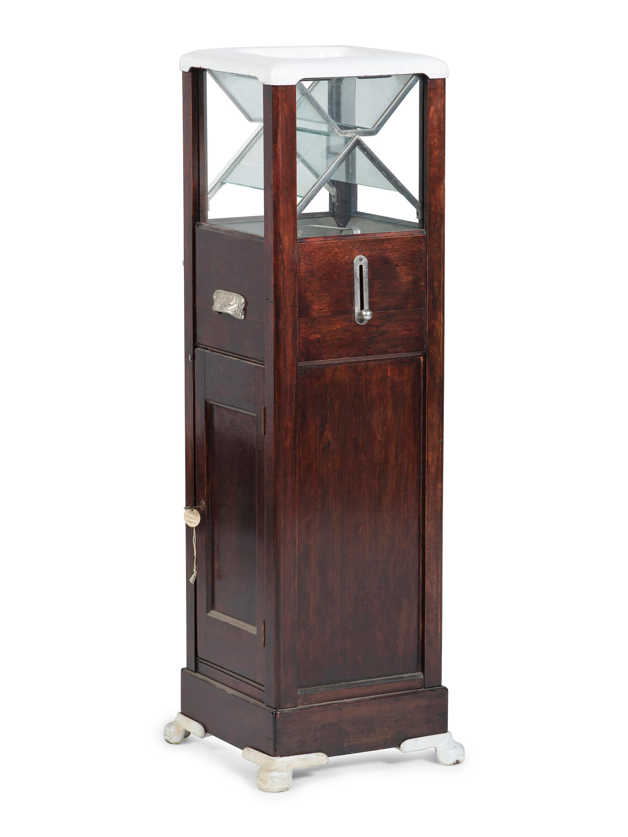 An Enameled Metal Mounted Walnut Floor Model Ticket Shredder