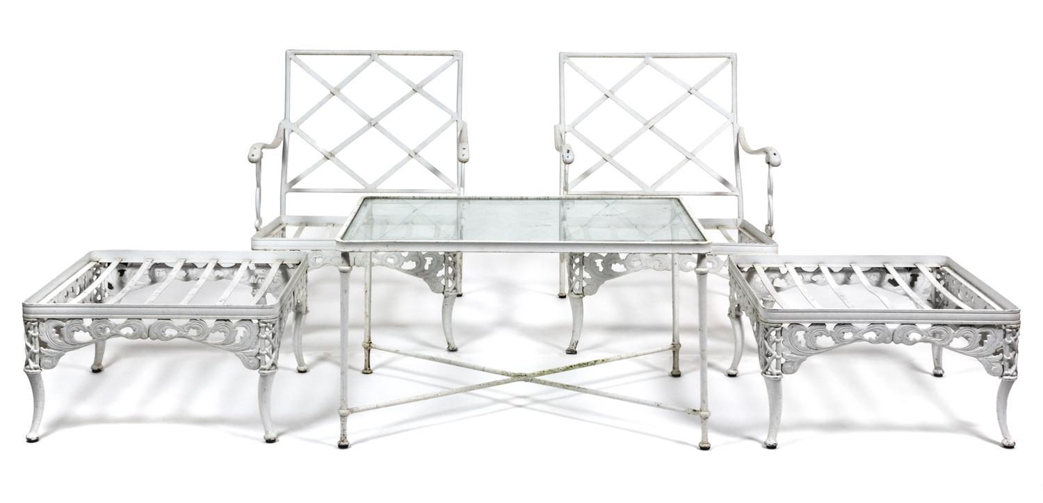 A Suite of White Painted Aluminum Garden Furniture Height of chair 33 x width 25 x depth 27 inches.