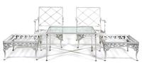 A Suite of White Painted Aluminum Garden Furniture Height of chair 33 x width 25 x depth 27 inches.