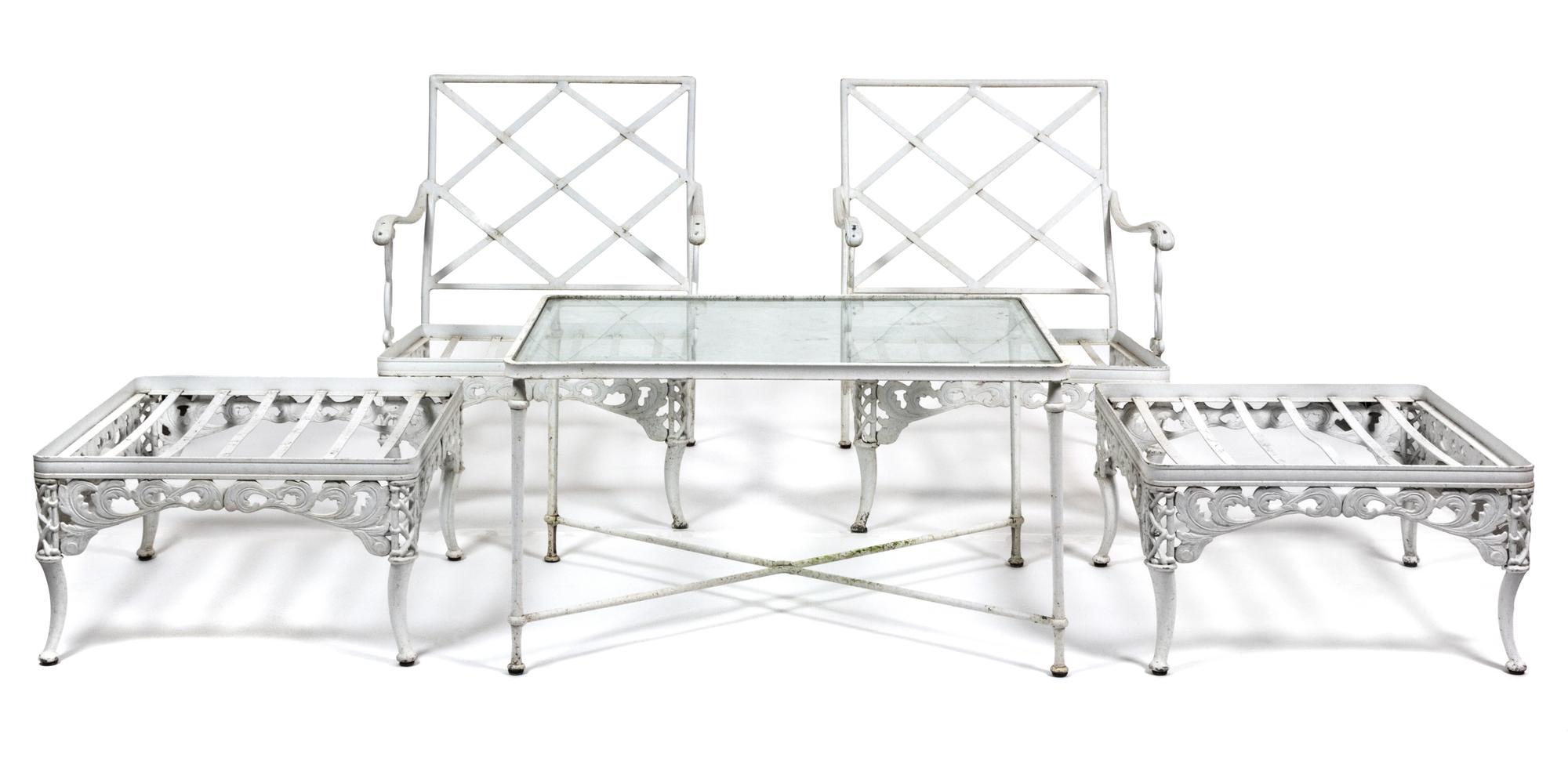 A Suite of White Painted Aluminum Garden Furniture Height of chair 33 x width 25 x depth 27 inches.