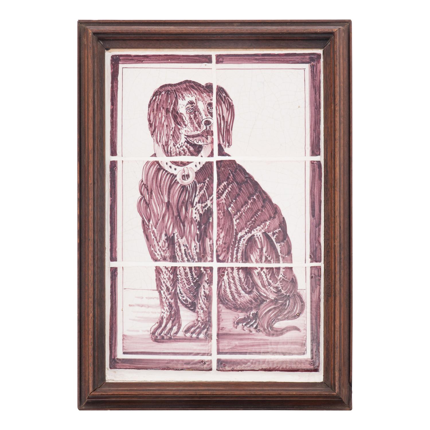 A Pair of Framed White and Sepia Glazed Tile Panels of Dogs