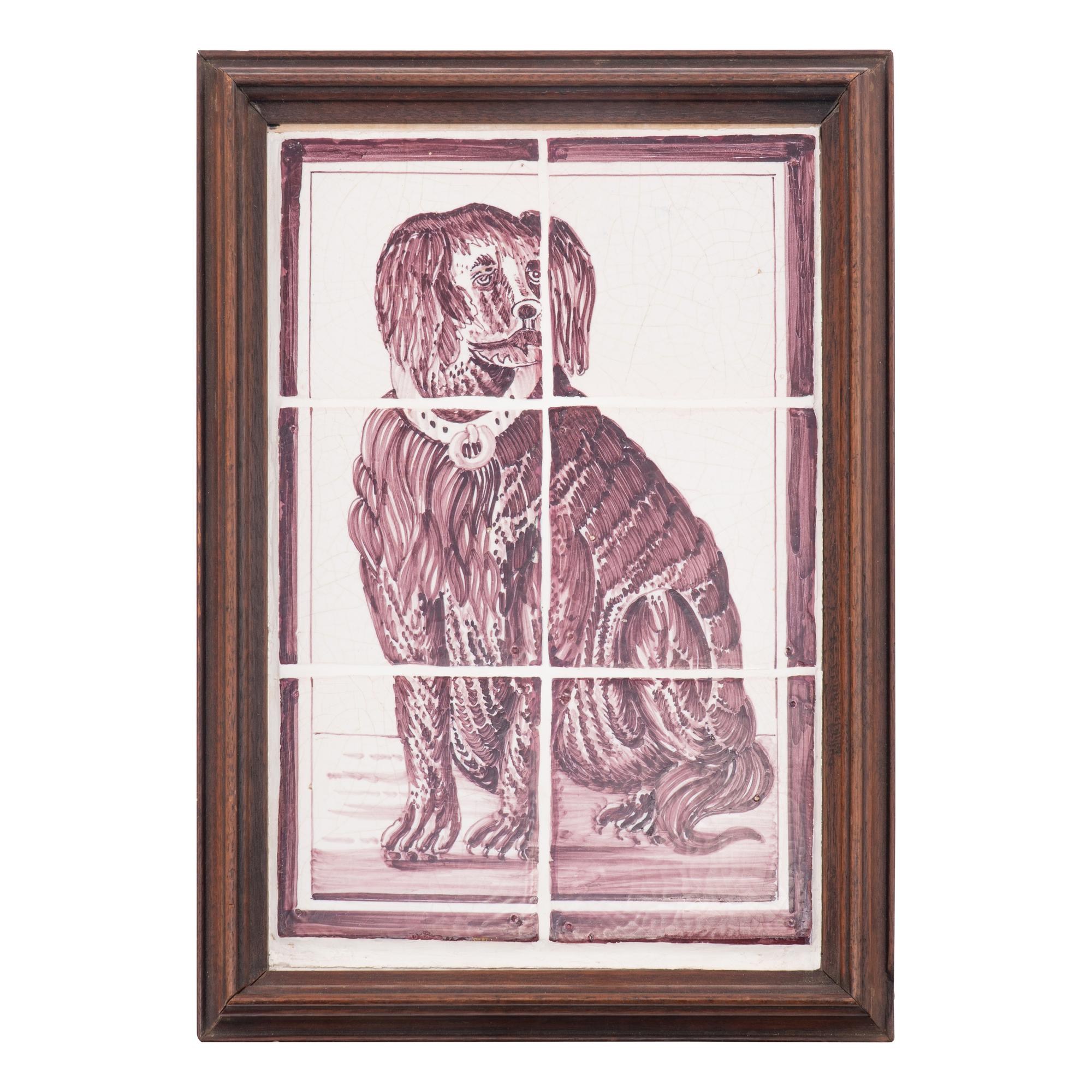 A Pair of Framed White and Sepia Glazed Tile Panels of Dogs