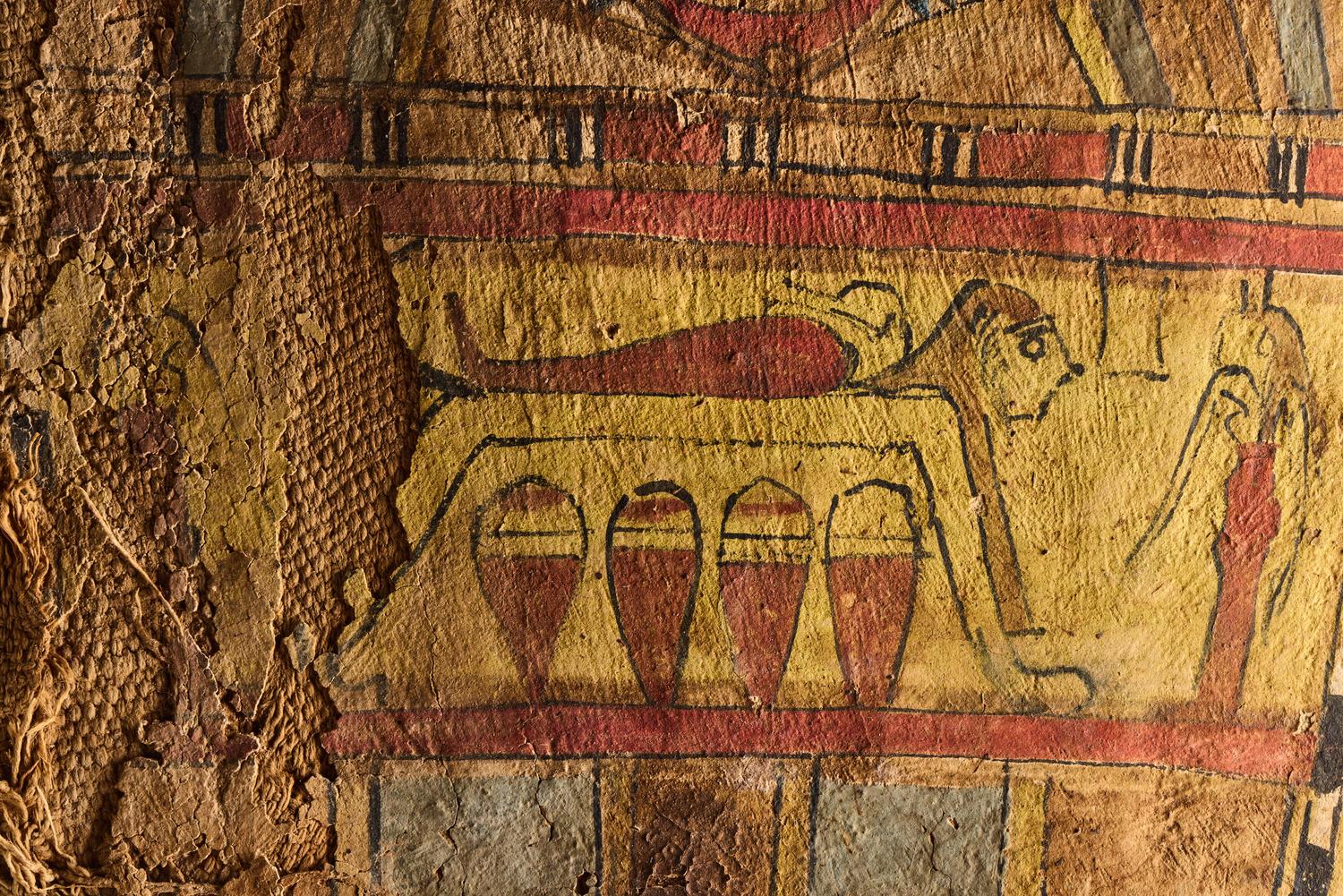 An Egyptian Painted Cartonnage Sarcophagus Fragment