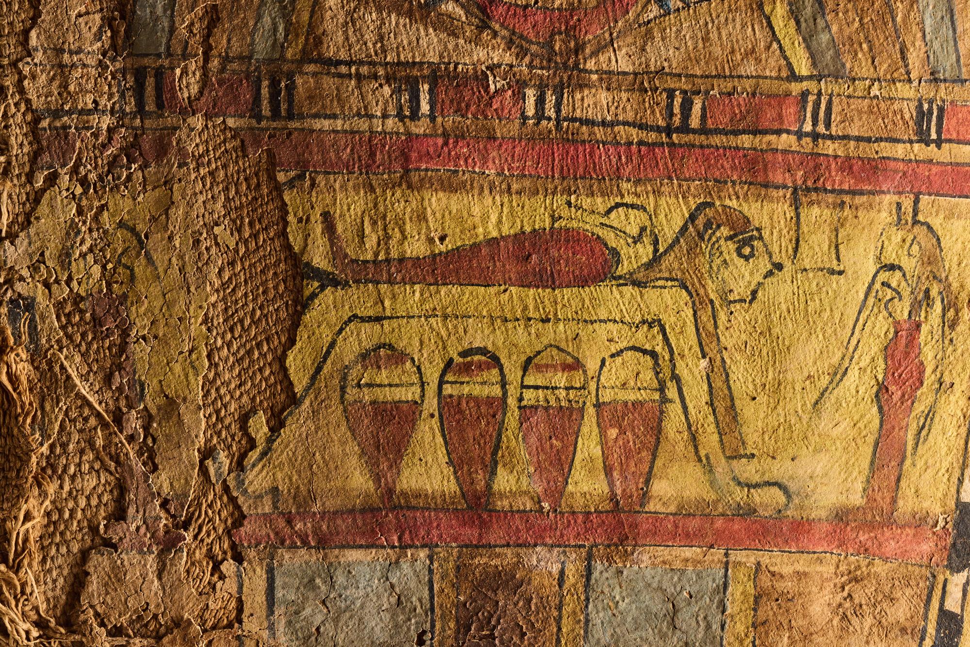 An Egyptian Painted Cartonnage Sarcophagus Fragment