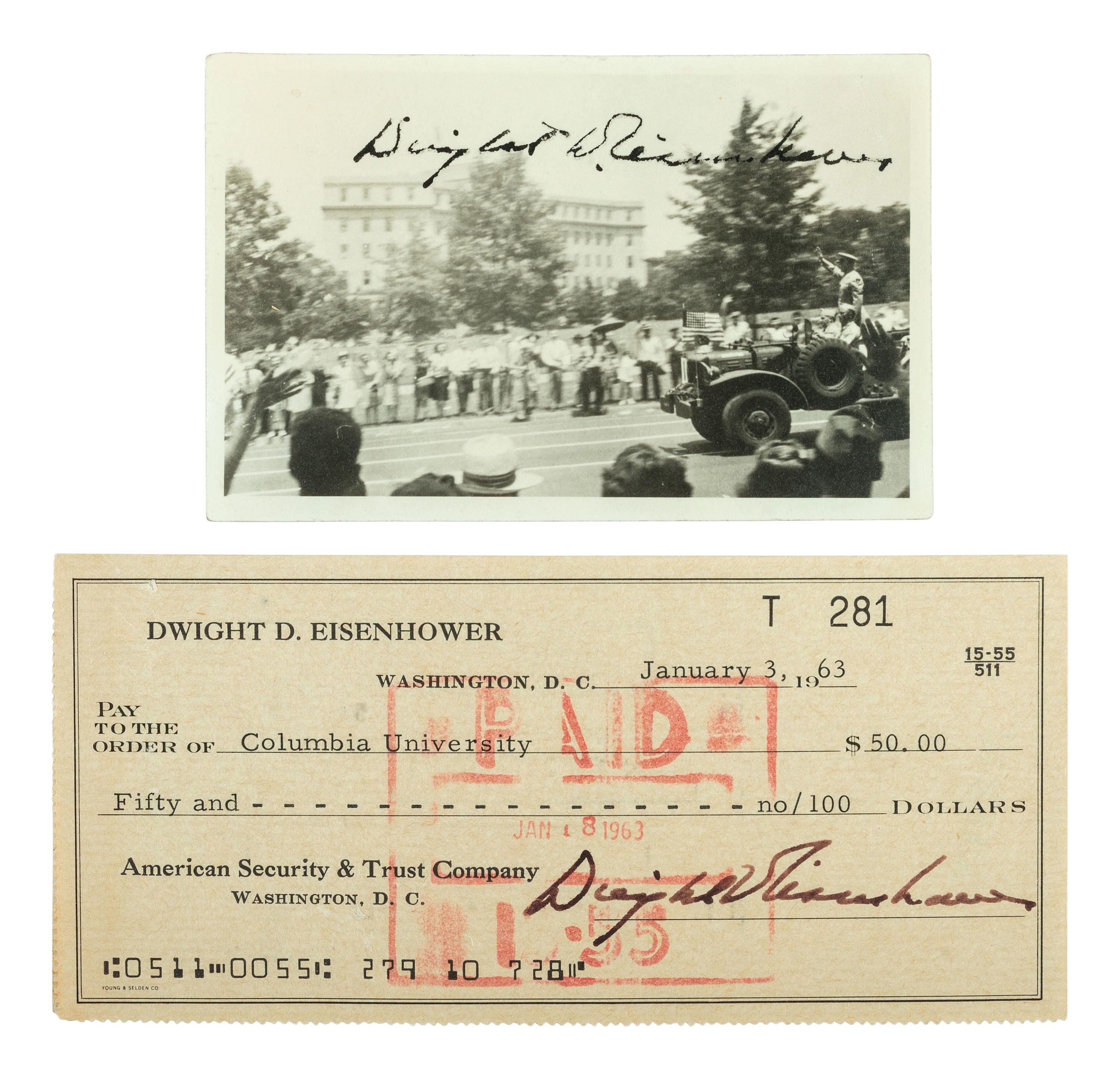 EISENHOWER, Dwight D. (1890-1969). A group of 2 signed items with related correspondence and ephemera.