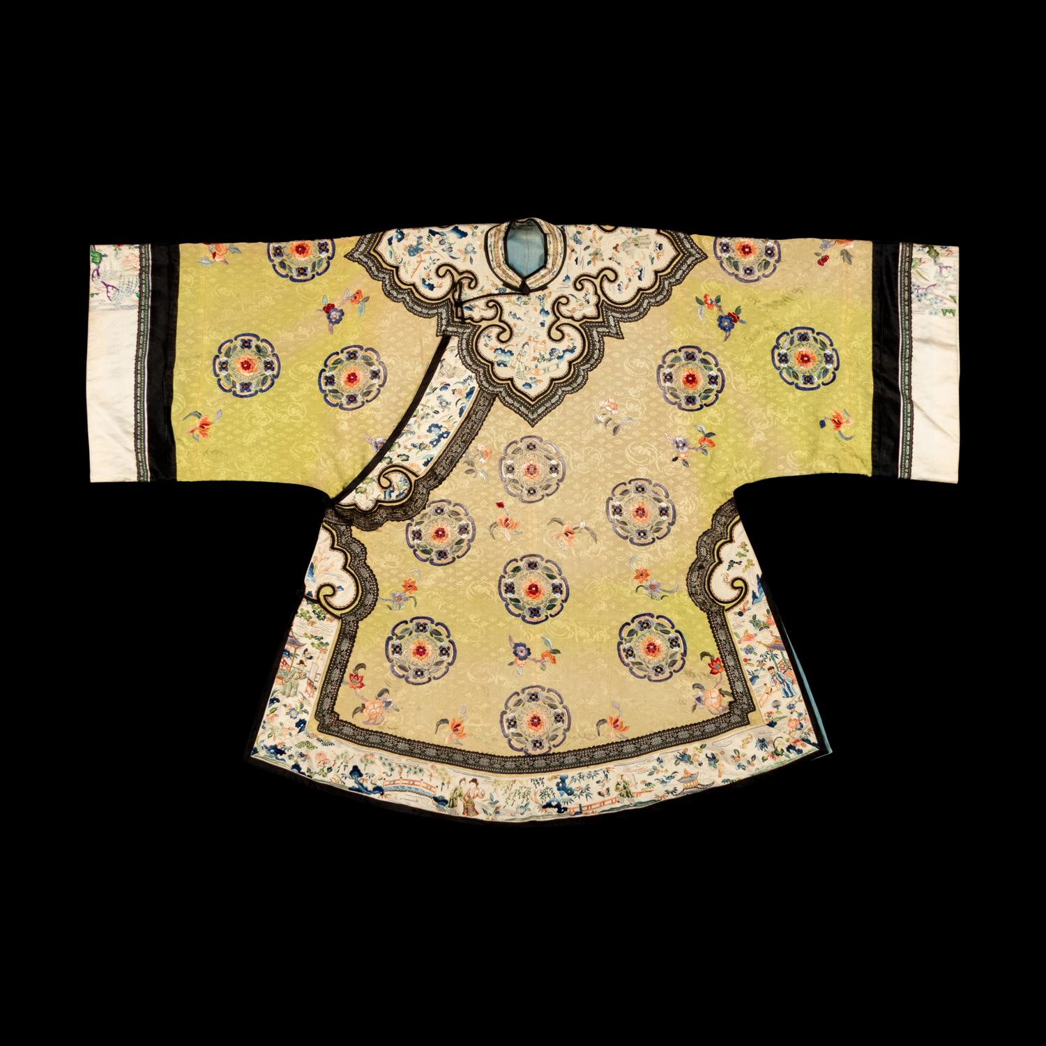 A Chinese Yellow Ground Embroidered Silk Lady's Jacket, 19th Century 清中期 黃地團花紋女大襟