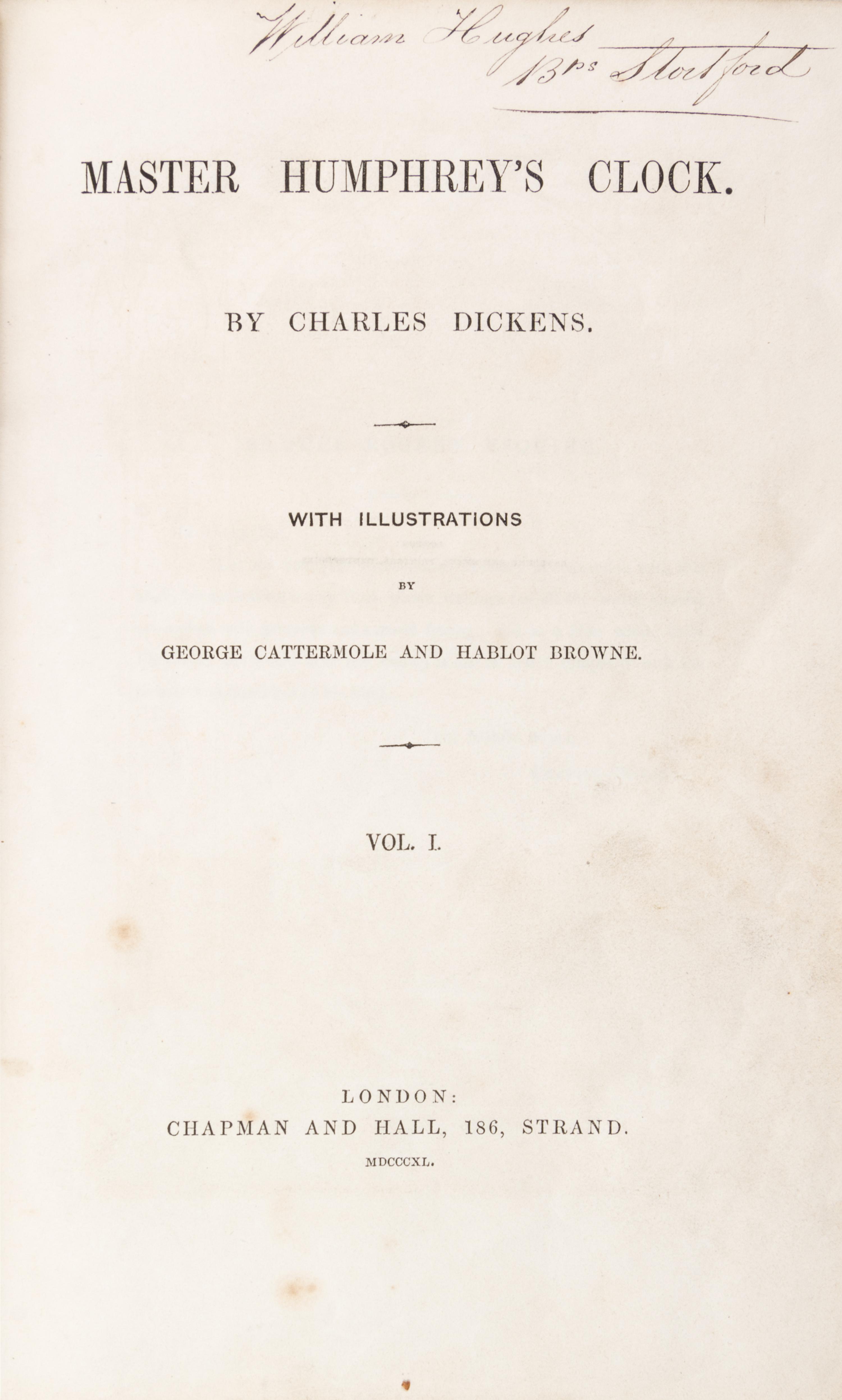DICKENS, CHARLES. Master Humphrey's Clock. London, 1850. 3 vols. First edition in book form.