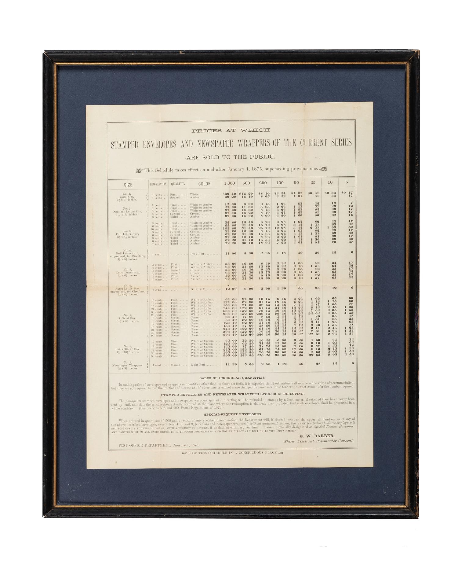 [POSTAL HISTORY]. A group of 4 19th - 20th century broadsides and posters involving the US Mail system, highlighted by: Arrival and Departure of the Mails at and from the Post-Office at Harrisburg, Pennsylvania. 30 November 1822.