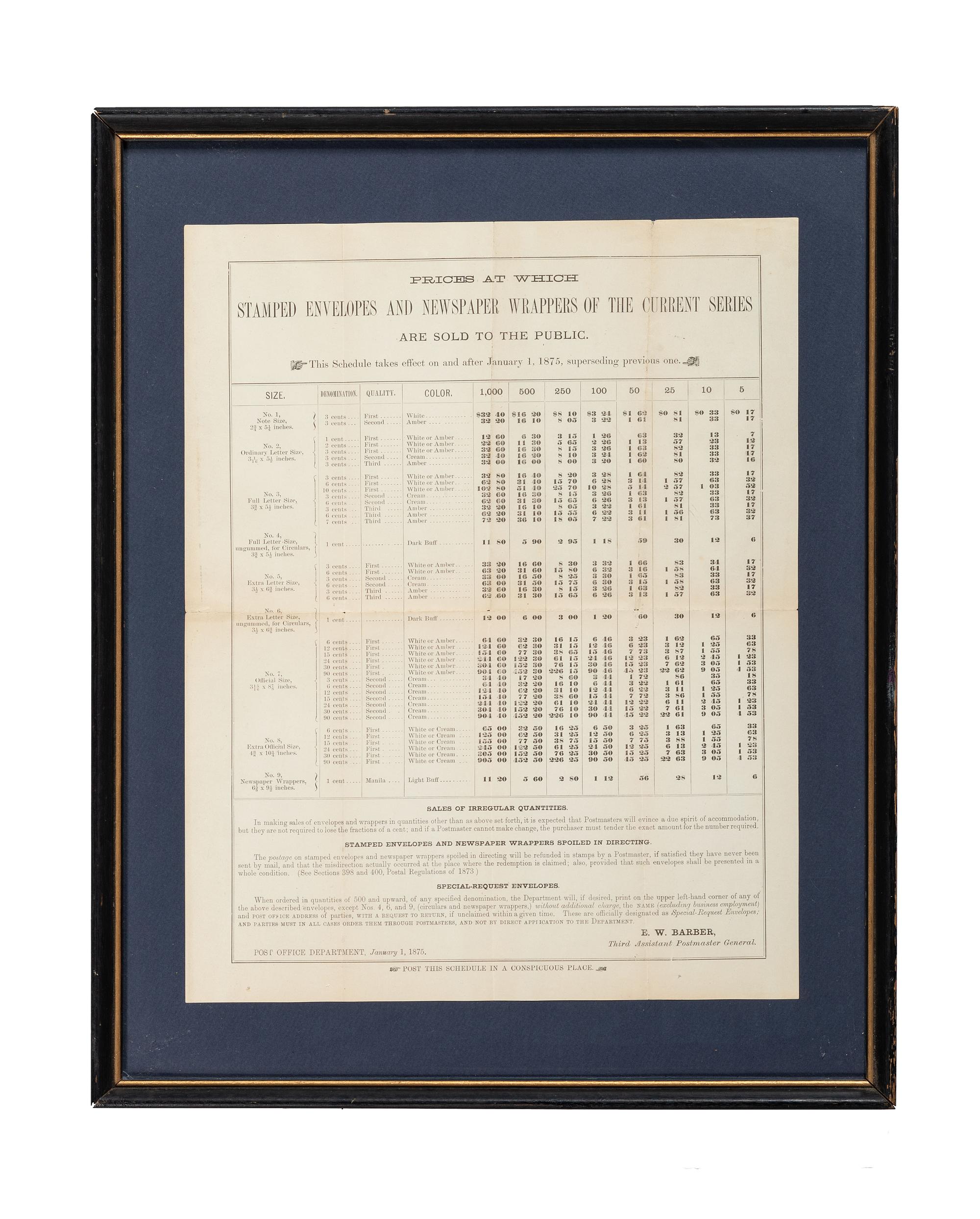 [POSTAL HISTORY]. A group of 4 19th - 20th century broadsides and posters involving the US Mail system, highlighted by: Arrival and Departure of the Mails at and from the Post-Office at Harrisburg, Pennsylvania. 30 November 1822.