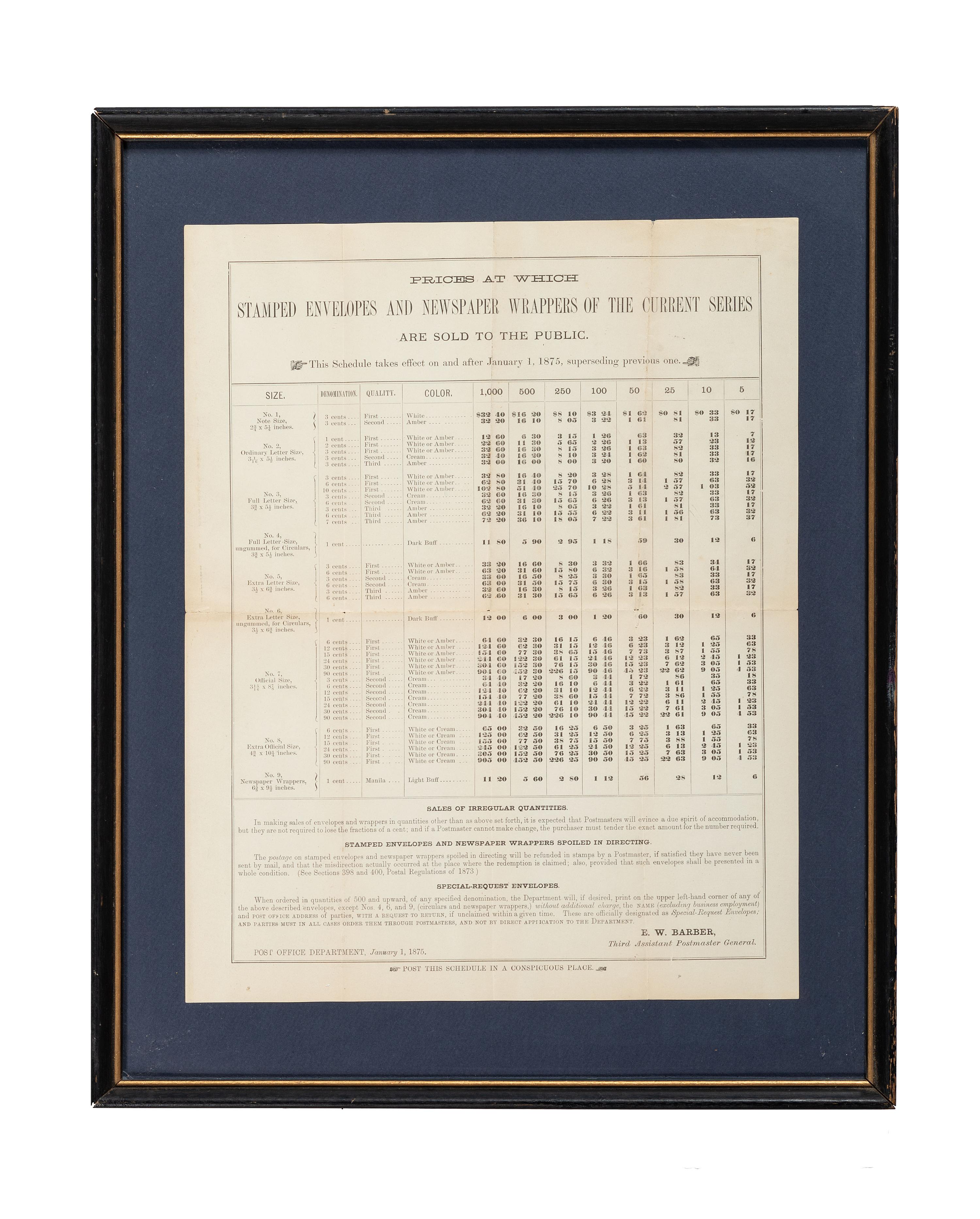 [POSTAL HISTORY]. A group of 4 19th - 20th century broadsides and posters involving the US Mail system, highlighted by: Arrival and Departure of the Mails at and from the Post-Office at Harrisburg, Pennsylvania. 30 November 1822.
