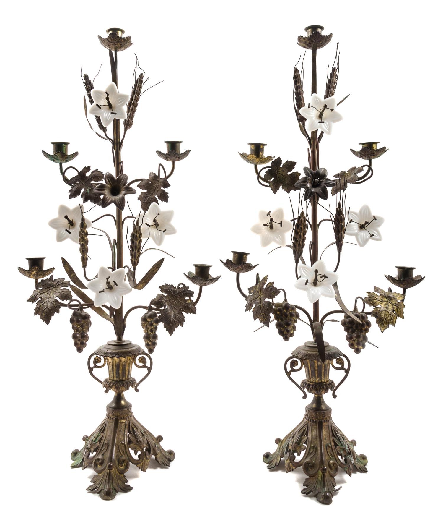 A Pair of Victorian Gilt Metal and Glass Five-Light Candelabra Height 30 inches.