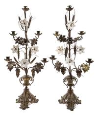 A Pair of Victorian Gilt Metal and Glass Five-Light Candelabra Height 30 inches.