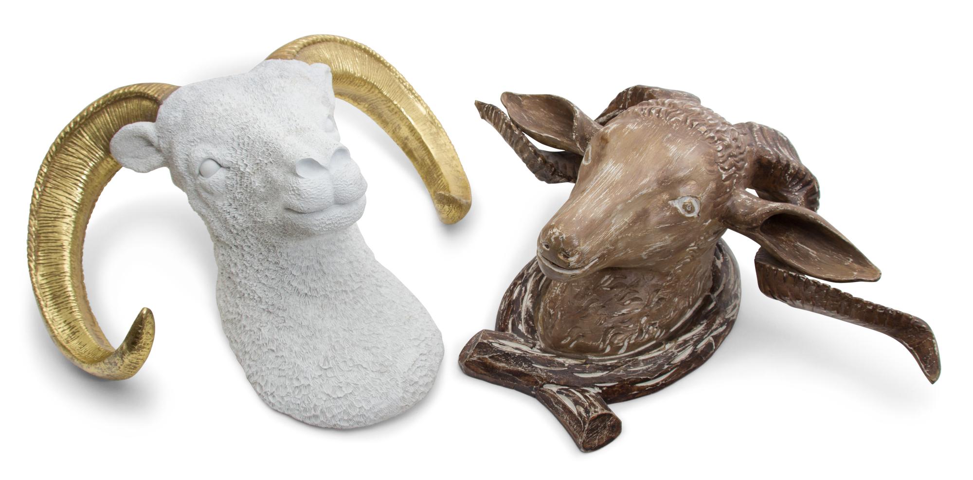 Two Composition Ram's Head Wall Mounts Height of taller 15 inches.
