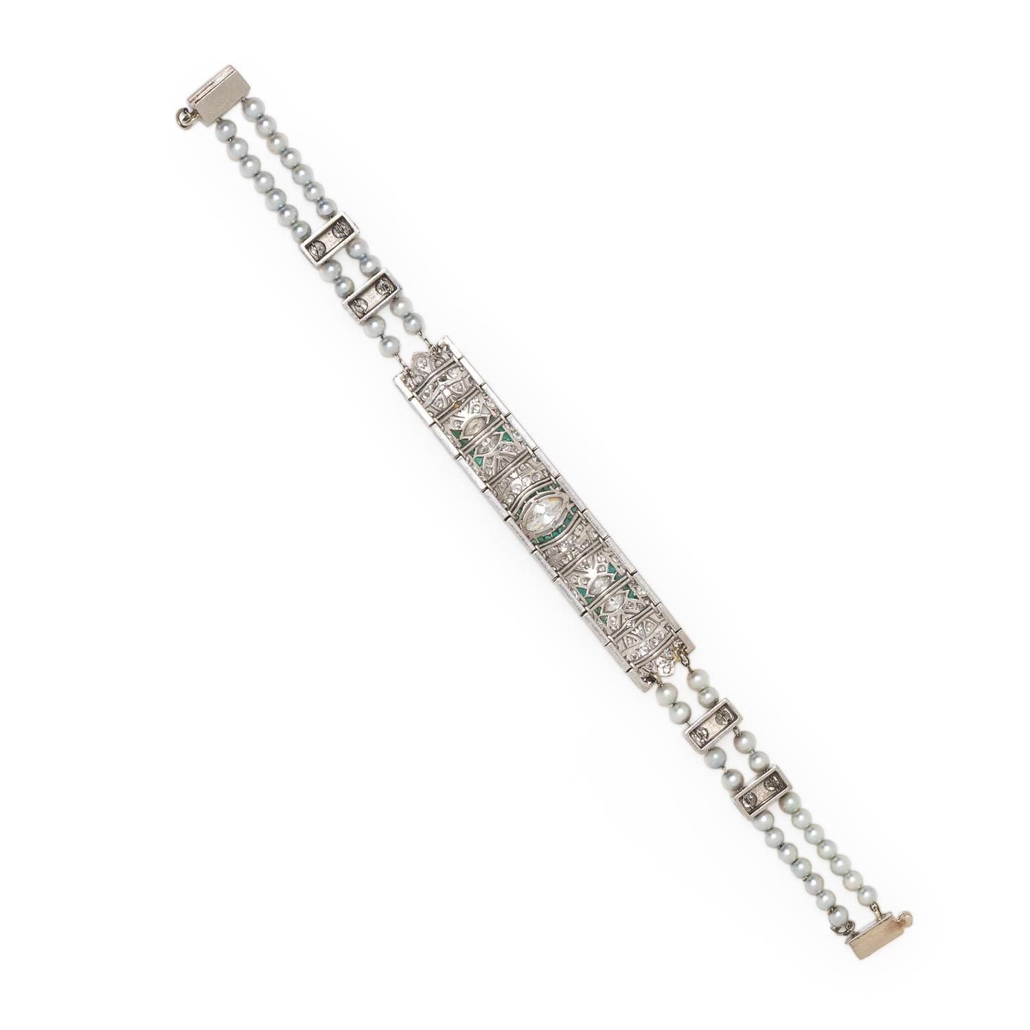 PLATINUM, DIAMOND, EMERALD, AND CULTURED PEARL BRACELET
