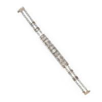 PLATINUM, DIAMOND, EMERALD, AND CULTURED PEARL BRACELET