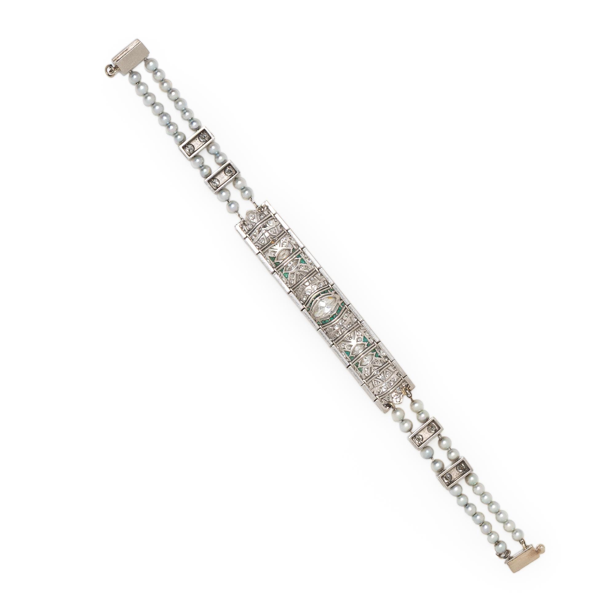 PLATINUM, DIAMOND, EMERALD, AND CULTURED PEARL BRACELET