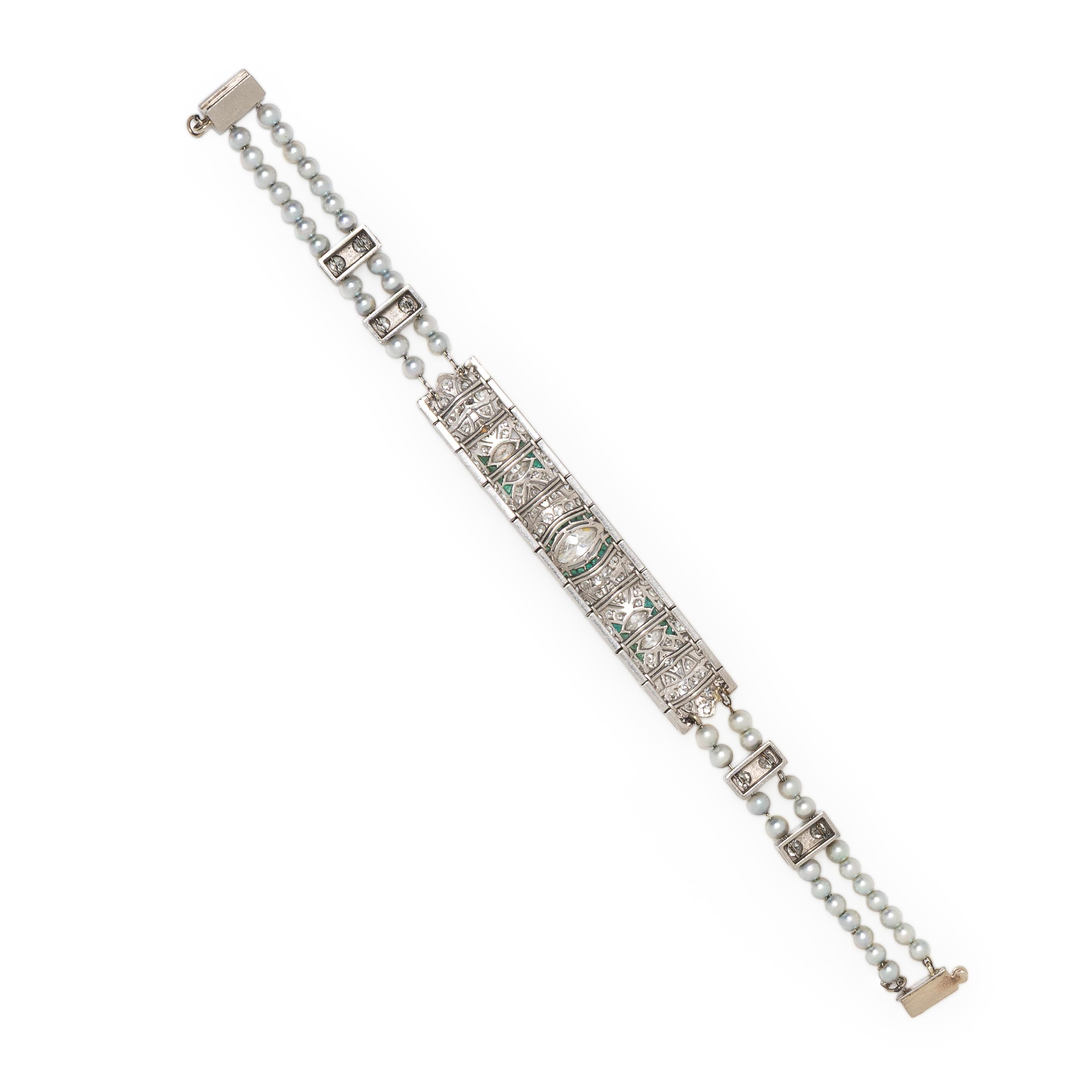 PLATINUM, DIAMOND, EMERALD, AND CULTURED PEARL BRACELET