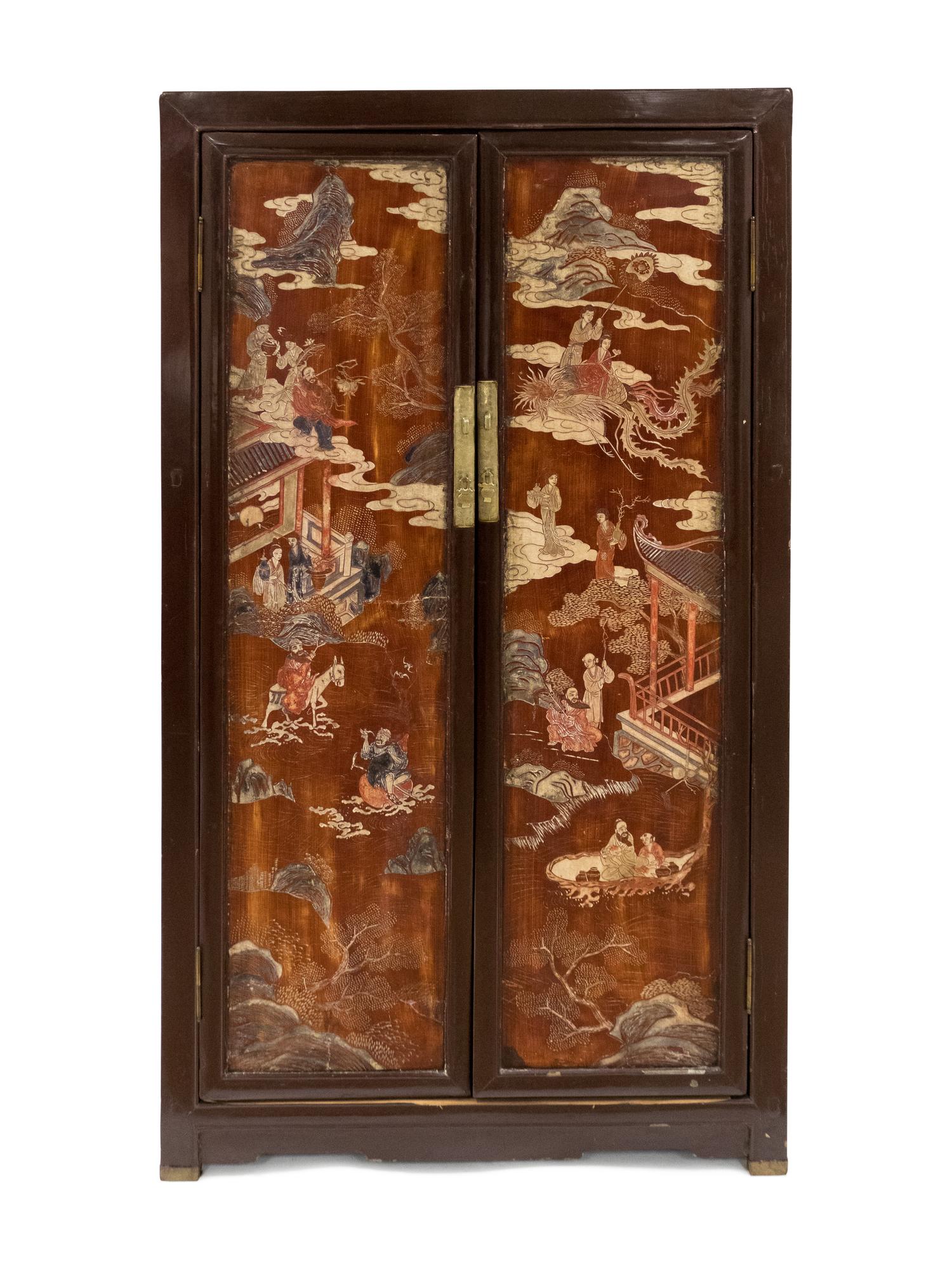 A Pair of Chinese Two-Door Brown Lacquered Cabinets with Polychrome Inset Panels — 19TH CENTURY