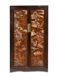 A Pair of Chinese Two-Door Brown Lacquered Cabinets with Polychrome Inset Panels — 19TH CENTURY