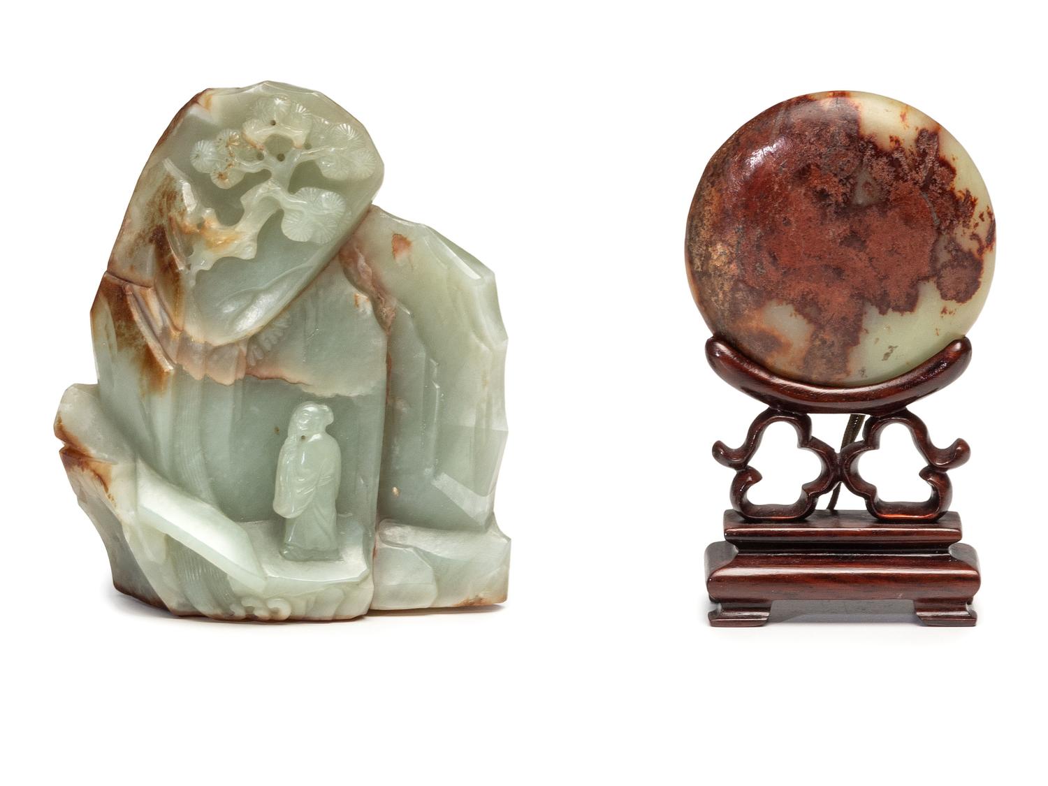 Two Chinese Carved Celadon and Russet Jade Articles, Ming-Qing Dynasty 明-清 青玉山子及仿古佩