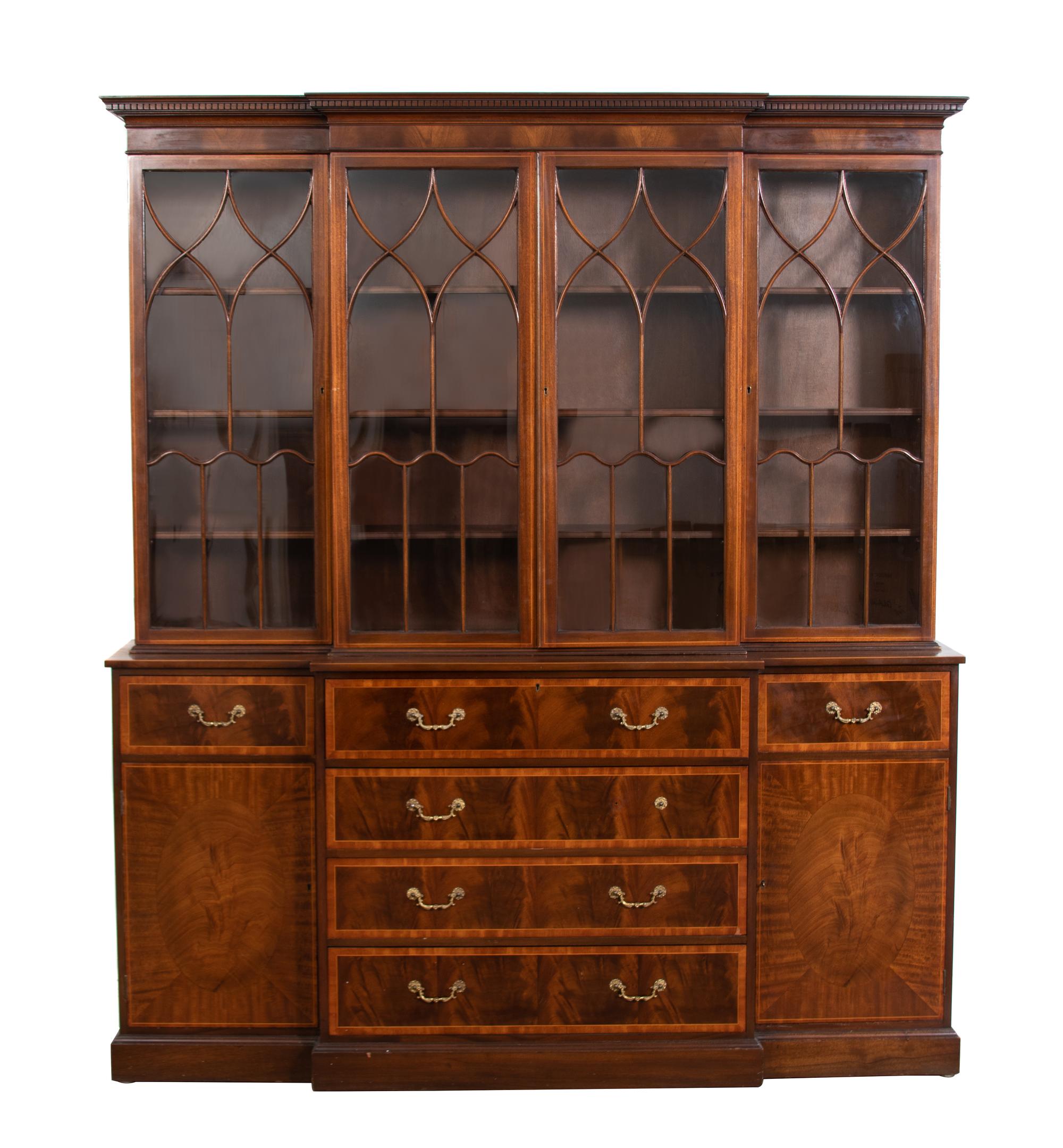 A George III Style Mahogany Breakfront Secretary/Cabinet — 20TH CENTURY