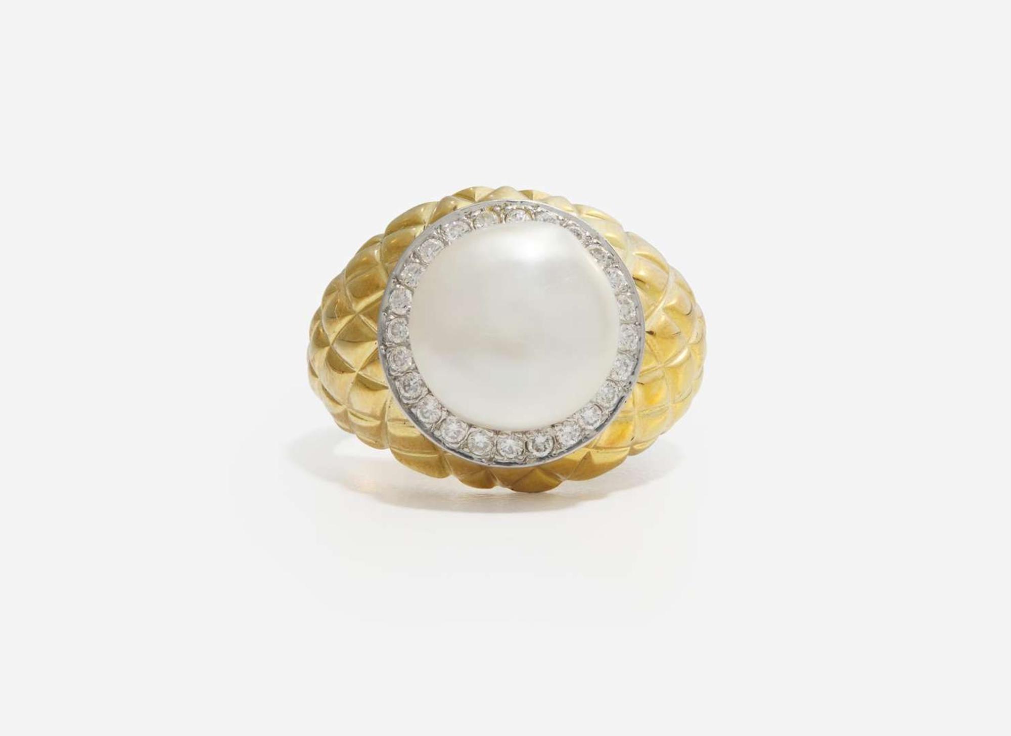 An 18K Yellow Gold, Pearl, and Diamond Ring