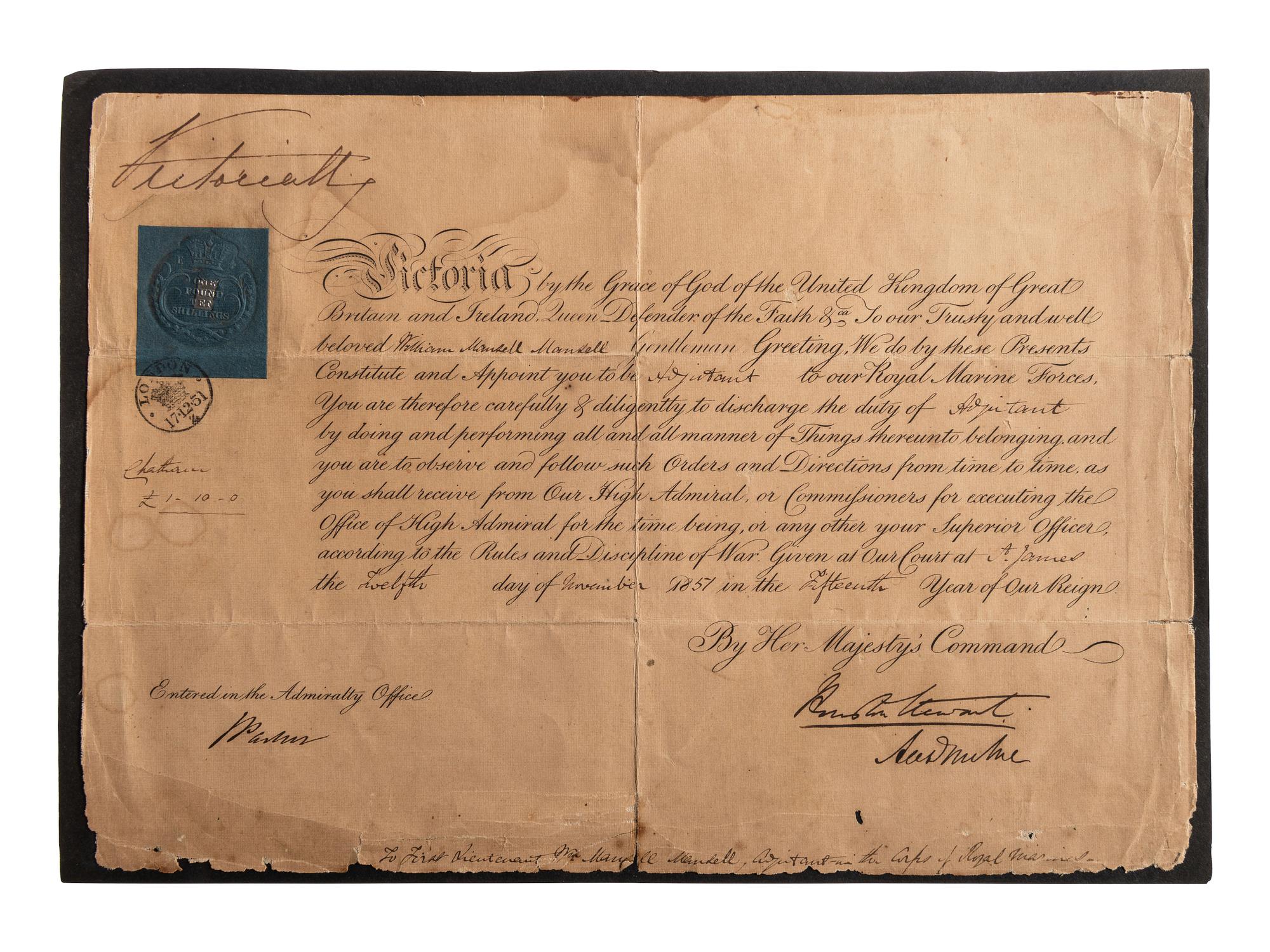 [CRIMEAN WAR]. Signature of Queen Victoria on military appointment. [London], 1851.