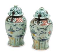 A Pair of Chinese Export Iron Mounted Porcelain Tea Jars