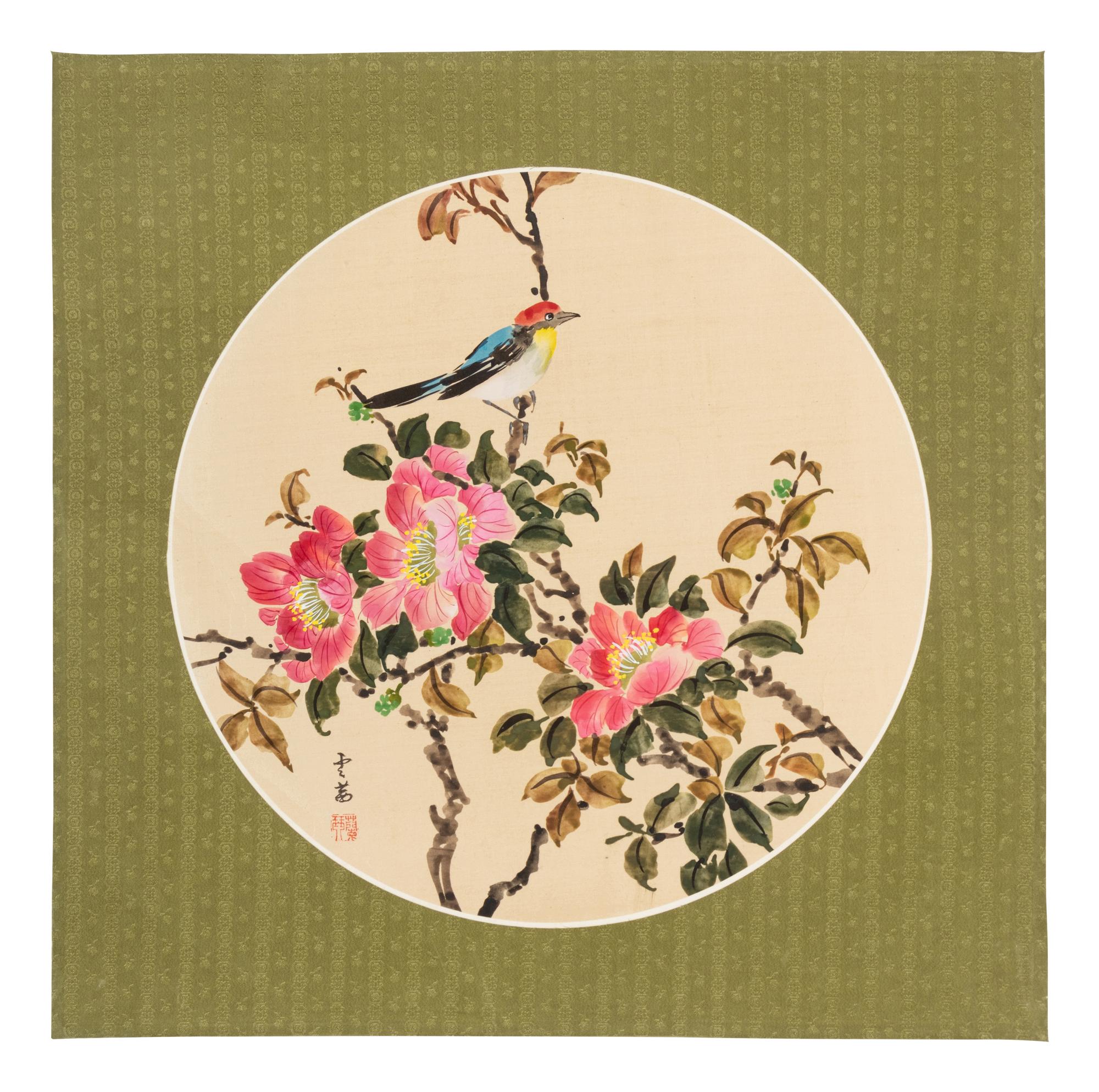 Three Chinese Ink and Color Paintings and One Woodblock Print