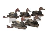 Five Painted Wood and Tin Folding Duck Decoys