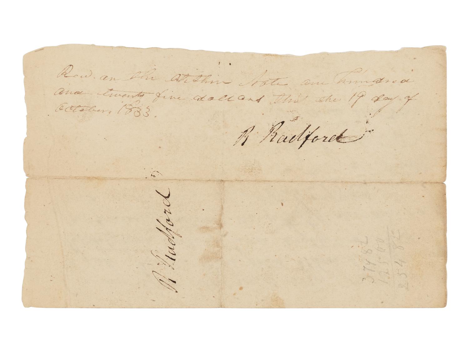 LINCOLN, Abraham (1809-1865). Autograph promissory note signed ("A. Lincoln"), countersigned by William F. Berry and William Green for Rueben Radford. New Salem, Illinois, 19 October 1833.