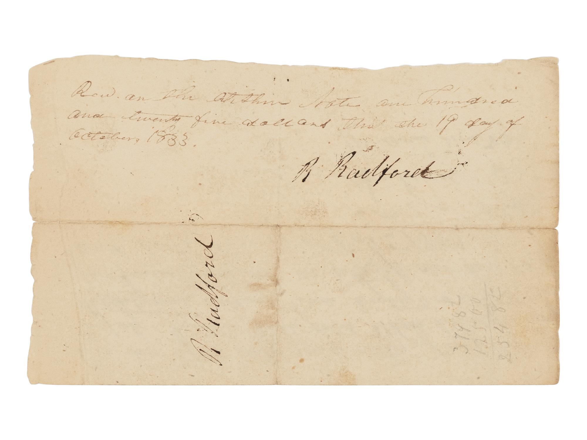 LINCOLN, Abraham (1809-1865). Autograph promissory note signed ("A. Lincoln"), countersigned by William F. Berry and William Green for Rueben Radford. New Salem, Illinois, 19 October 1833.