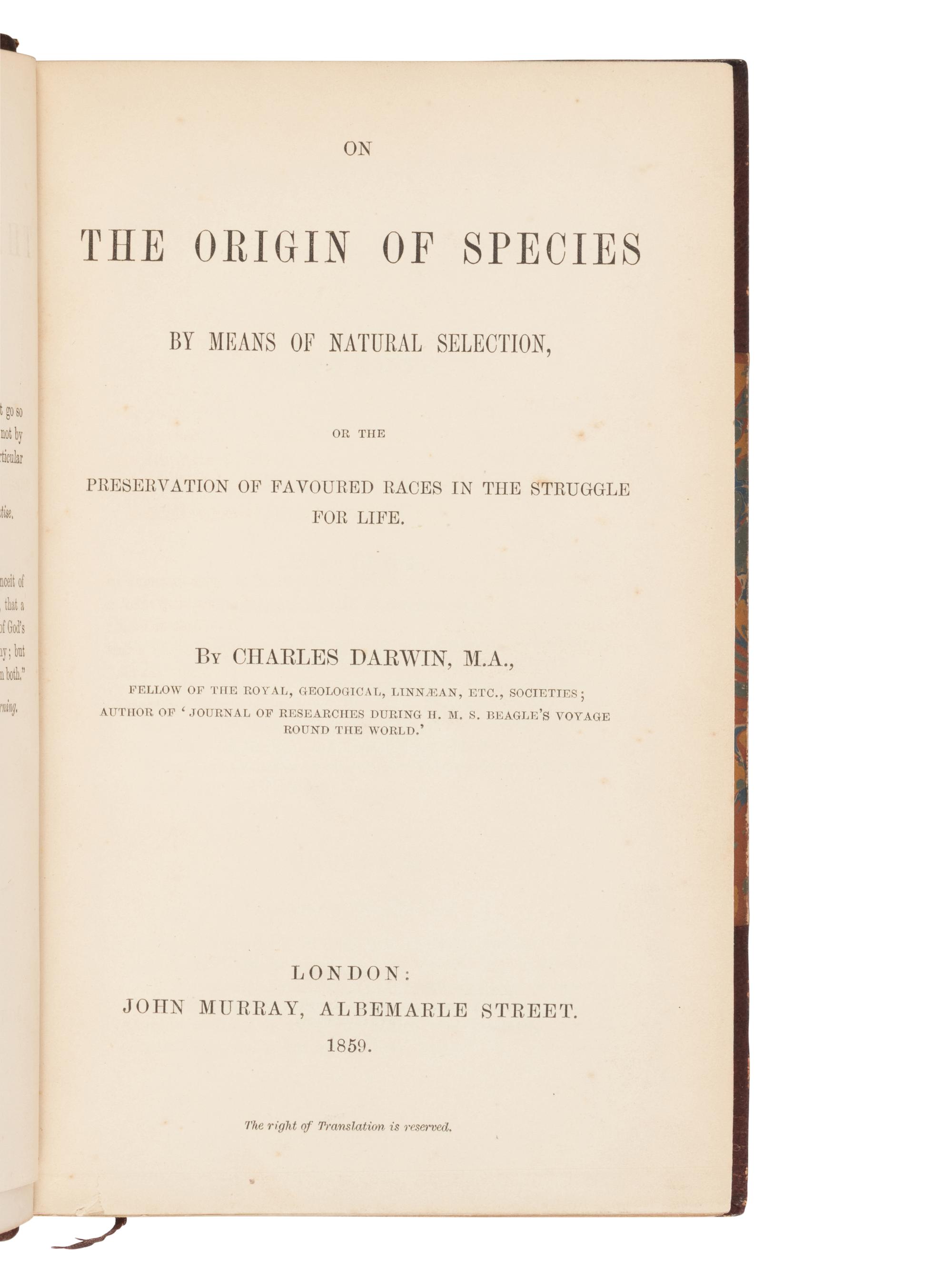 [NATURAL HISTORY]. DARWIN, Charles (1809-1882). On the Origin of Species . London: John Murray, 1859.