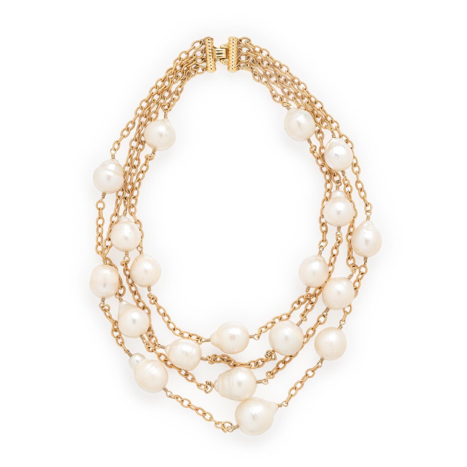Baroque Cultured Pearl and Yellow Gold Necklace