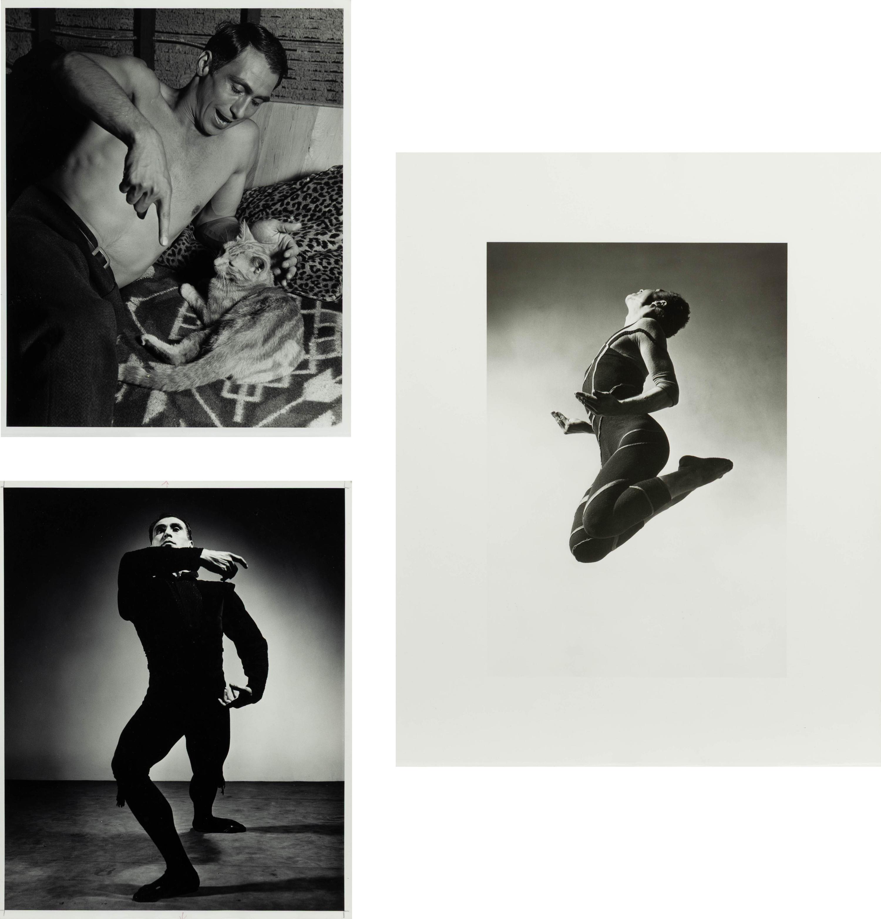 Barbara Morgan (American, 1900–1992) — Three Works ( José Limón, Chaconne , 1944; J osé Limón + Cat in Barbara Morgan Studio , 1944; Merce Cunningham-Totem Ancestor , 1942); printed later