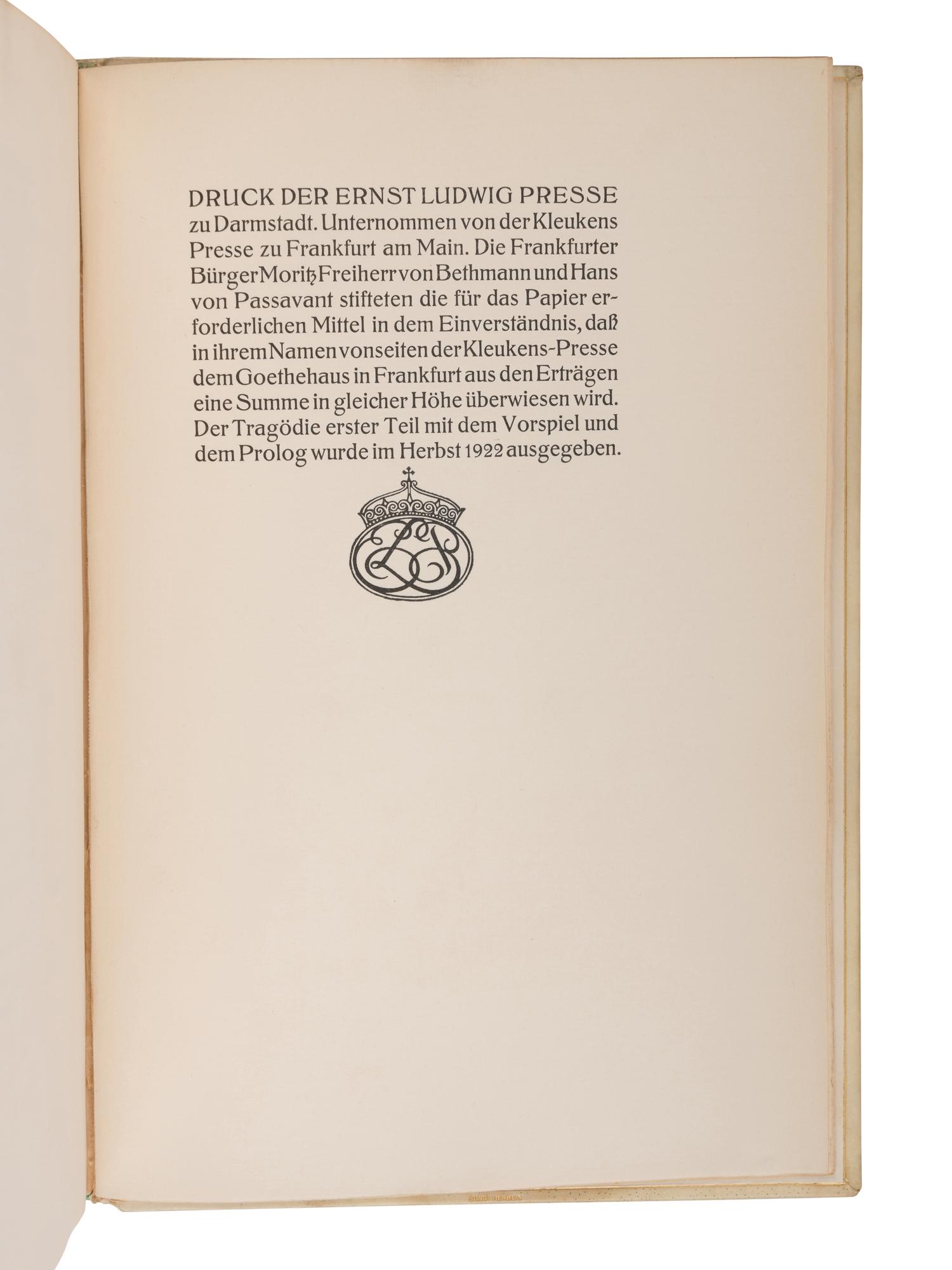 [ERNST LUDWIG PRESS]. GOETHE, Johann Wolfgang von (1749-1832). Faust. Eine Tragodie von Goethe. Darmstadt: Ernst Ludwig Press, 1923.