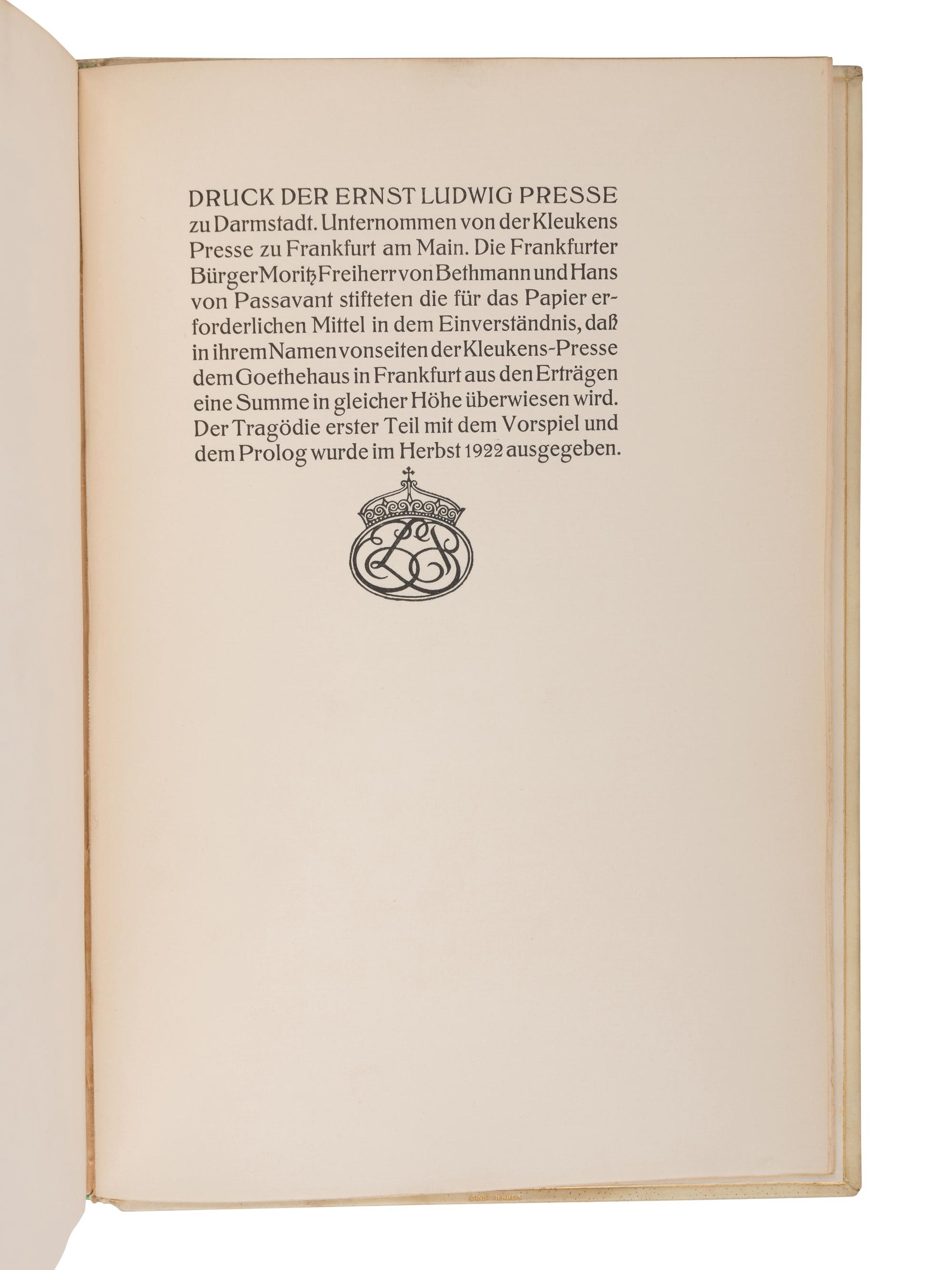 [ERNST LUDWIG PRESS]. GOETHE, Johann Wolfgang von (1749-1832). Faust. Eine Tragodie von Goethe. Darmstadt: Ernst Ludwig Press, 1923.