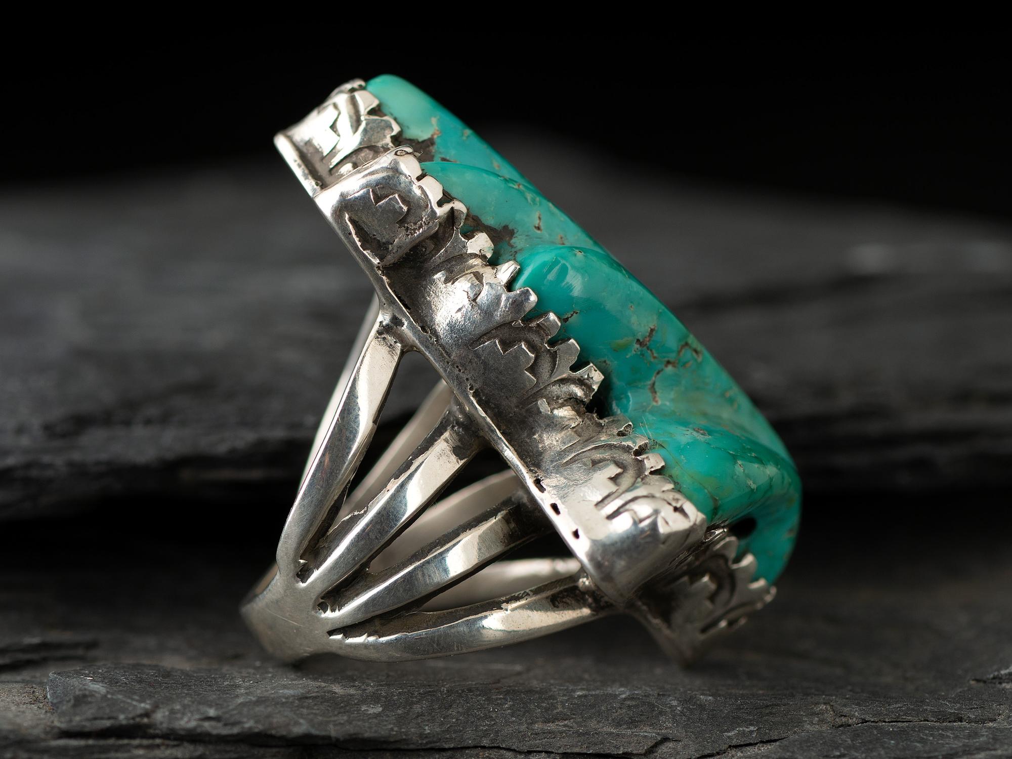 Large Silver and Carved Turquoise Ring