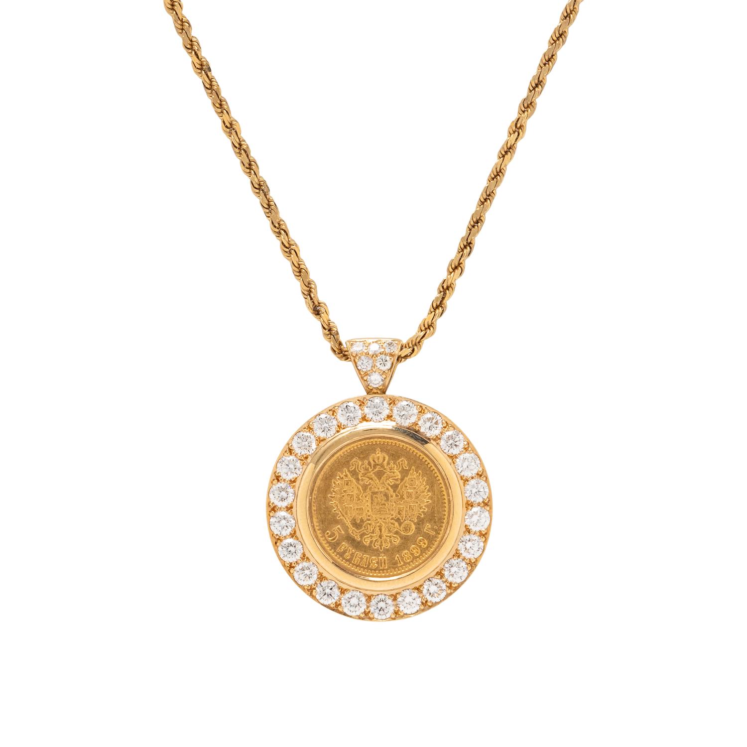 YELLOW GOLD AND DIAMOND COIN PENDANT NECKLACE