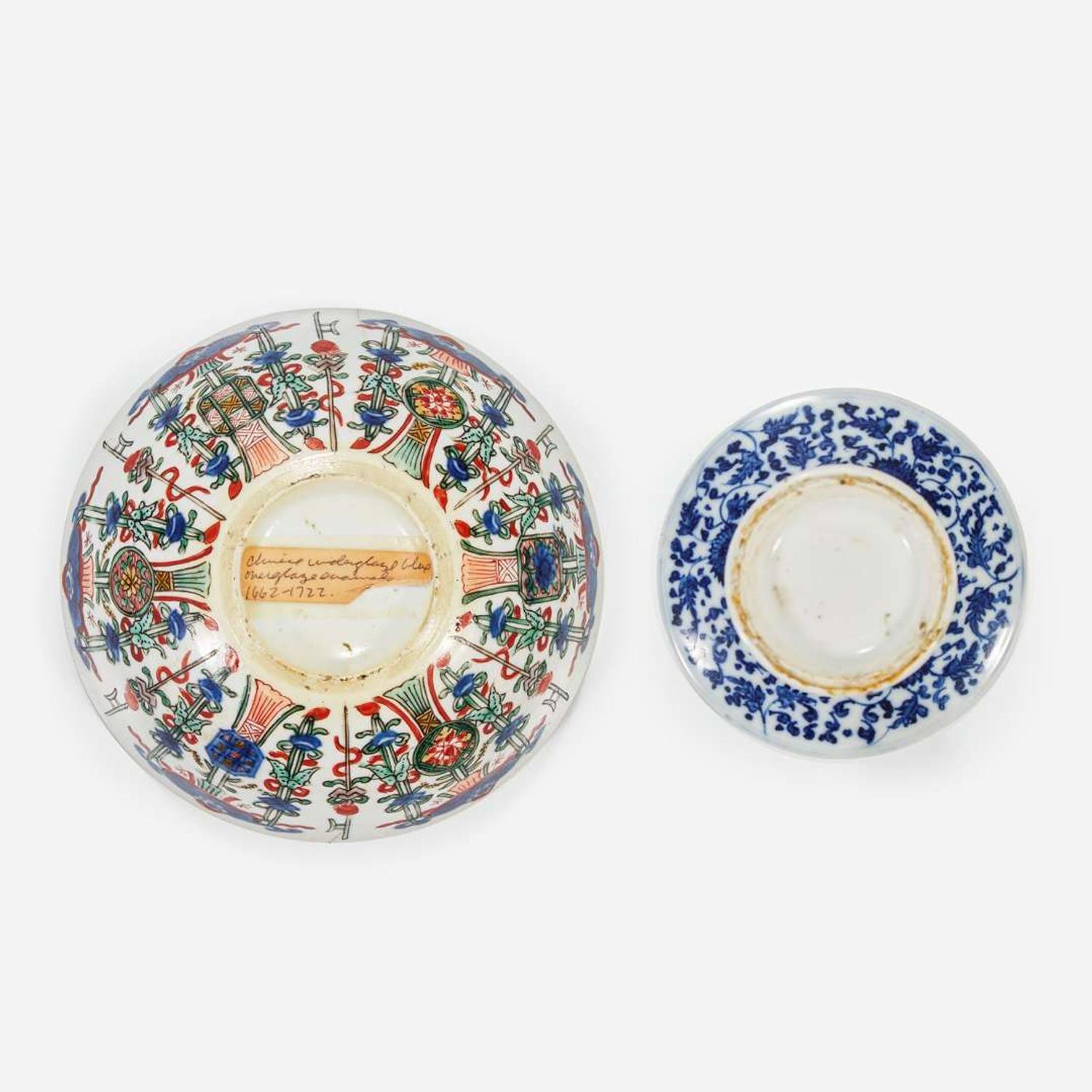 A Chinese wucai-decorated bowl, "mantou xin", and a Chinese blue and white porcelain Gu-form vase The bowl Kangxi period, the vase later