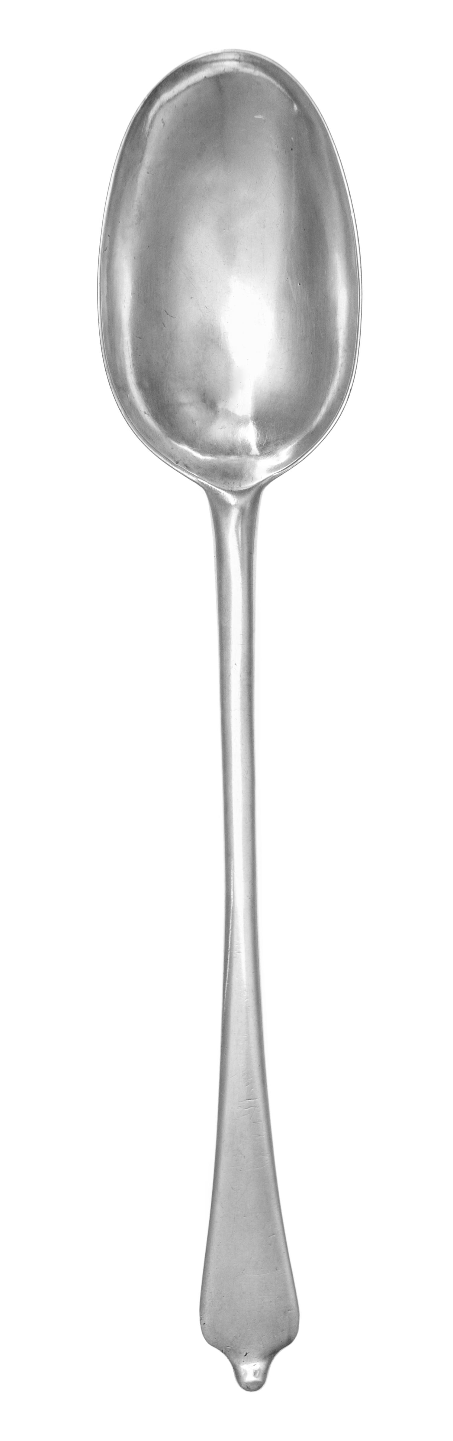 A Scottish Queen Anne Silver Basting Spoon, Mungo Yourstoun, Assay of Edward Penman, Edinburgh, 1707, the dog-nosed handle with bright-