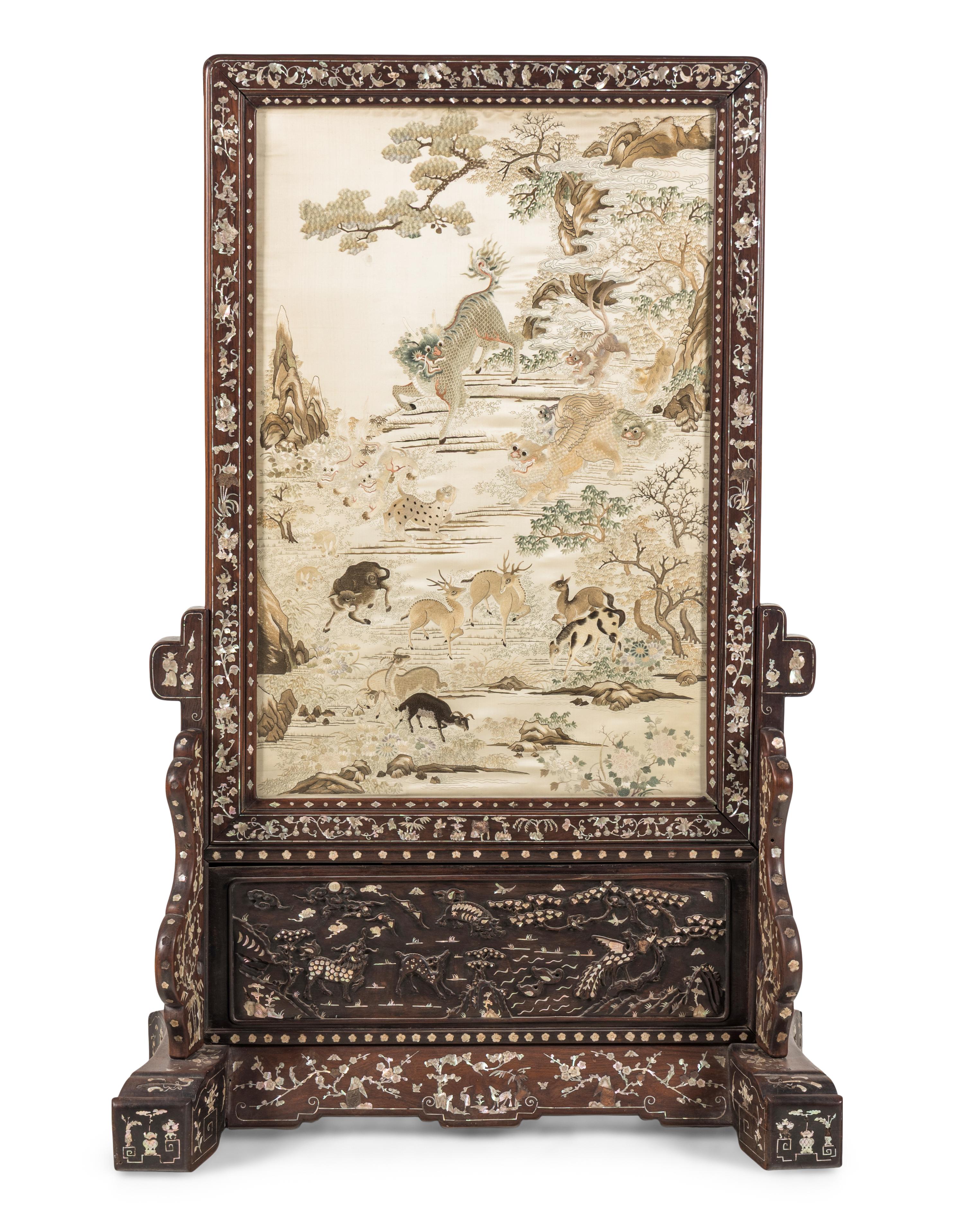 A Chinese Canton Style Embroidered Silk Floor Screen, Late 19th-Early 20th Century 晚清-民国 粤绣瑞獸圖紅木嵌螺鈿大座屏