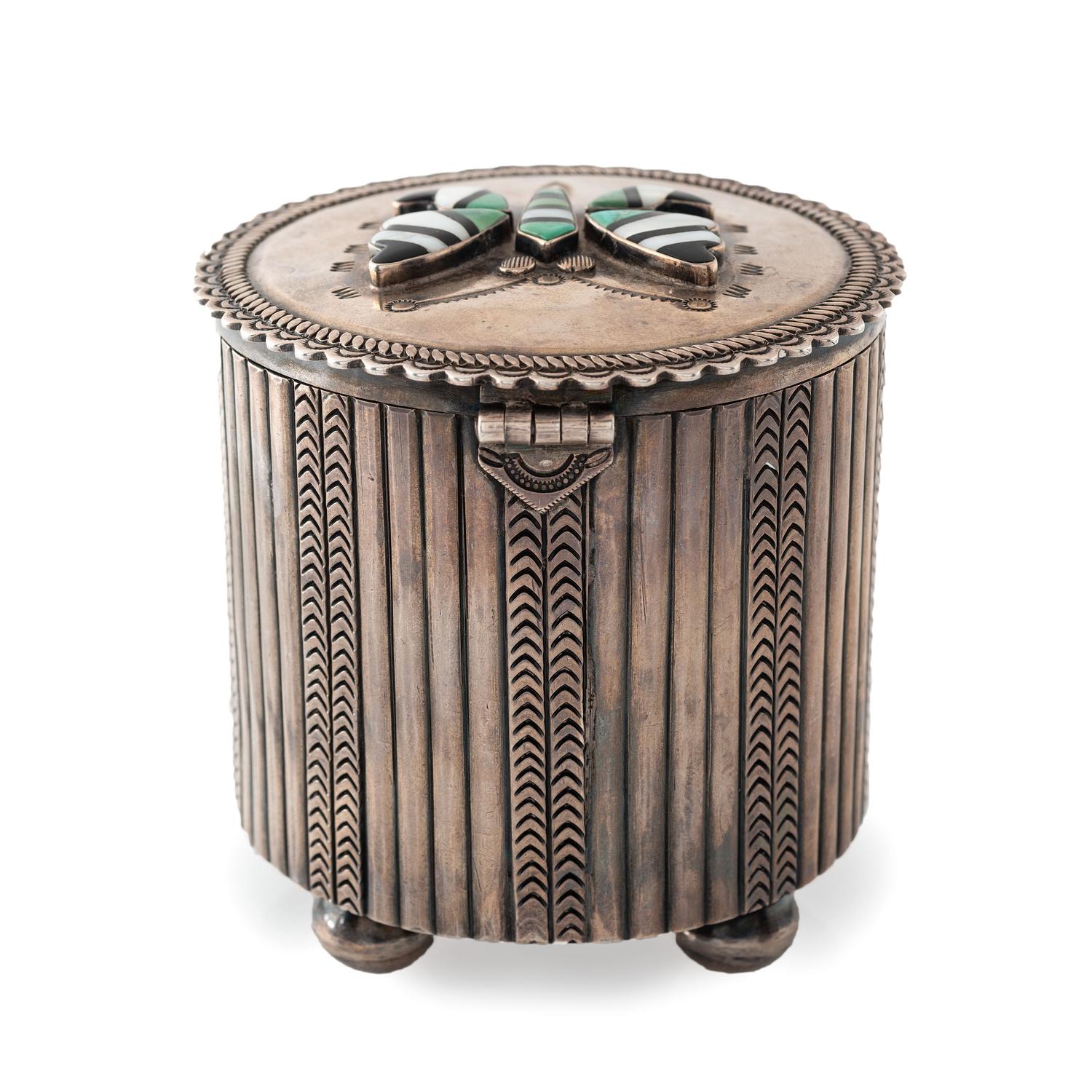 Navajo Stamped Silver Lidded Box, with Zuni Mosaic Inlay Butterfly