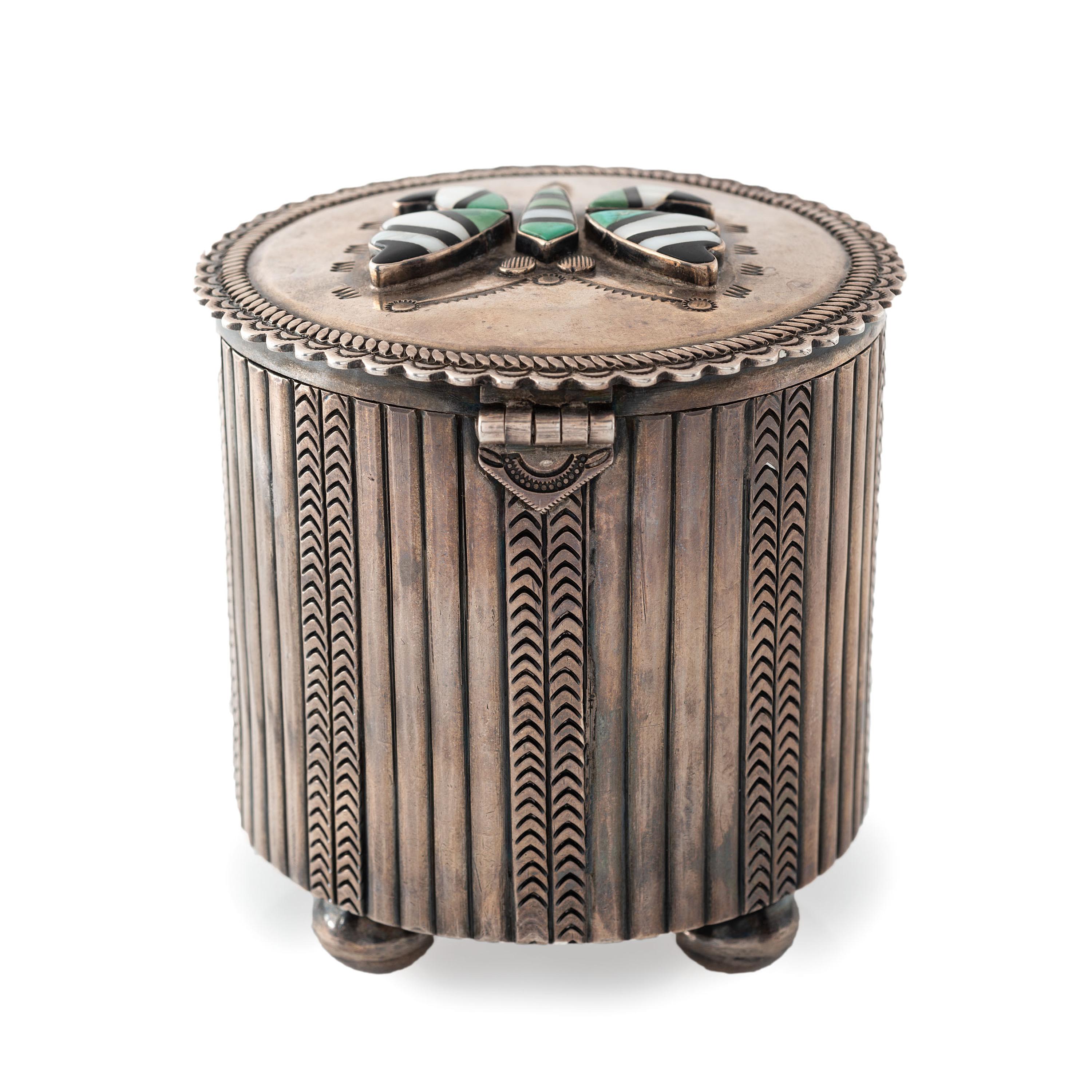Navajo Stamped Silver Lidded Box, with Zuni Mosaic Inlay Butterfly