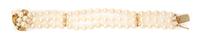 A 14 Karat Yellow Gold, Cultured Pearl and Diamond Multi Strand Bracelet, 21.60 dwts.
